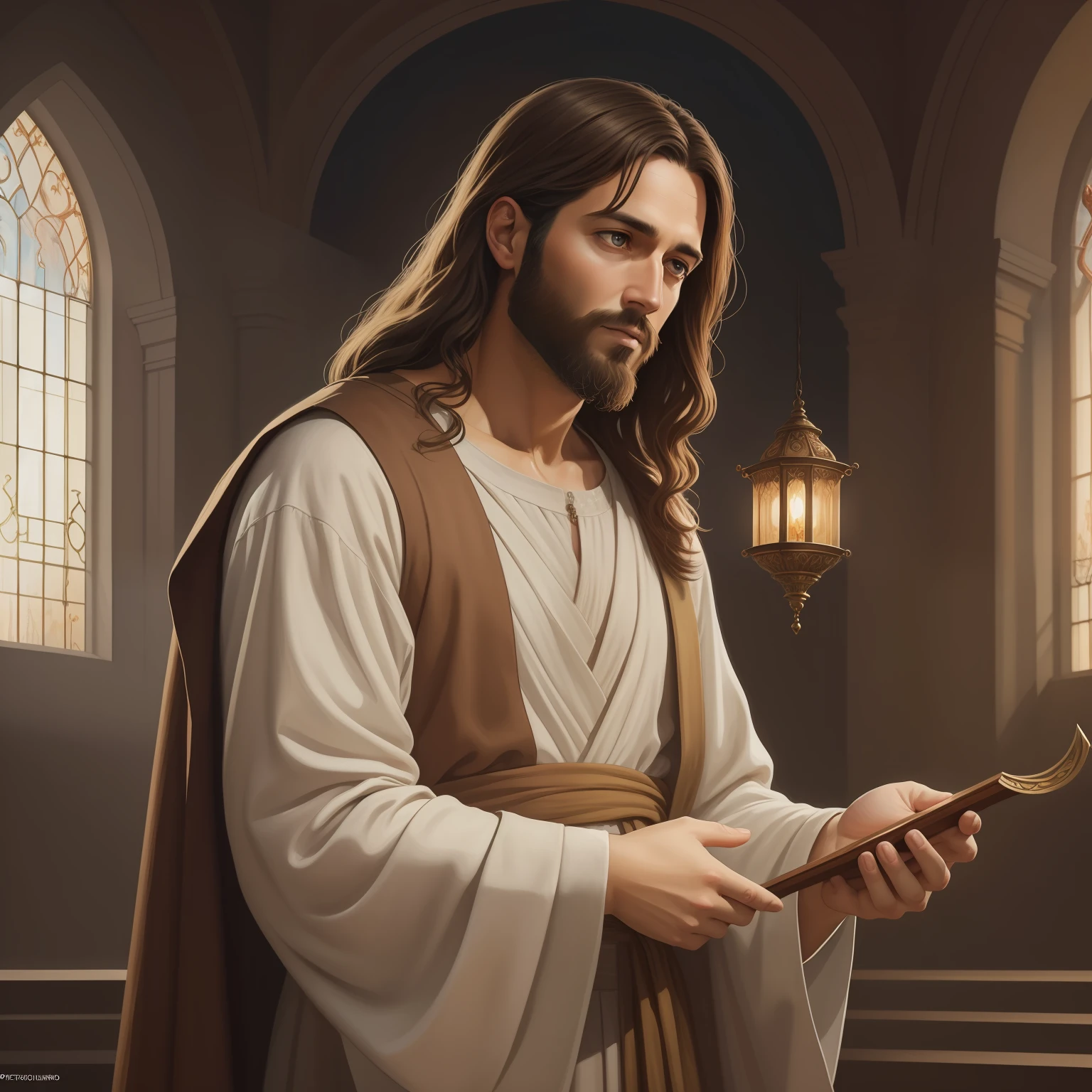 A beautiful ultra-thin realistic portrait of Jesus, the prophet, a man 33 years old Hebrew brunette, short brown hair, long brown beard, wearing long linen tunic closed on the chest part, in front view, full body, biblical, realistic,by Diego Velázquez,Peter Paul Rubens,Rembrandt,Alex Ross,8k, Concept Art, PhotoRealistic, Realistic,  Illustration, Oil Painting, Surrealism, HyperRealistic, pray , Digital art, style, watercolor, natural background, Praying ( Blessing woman)