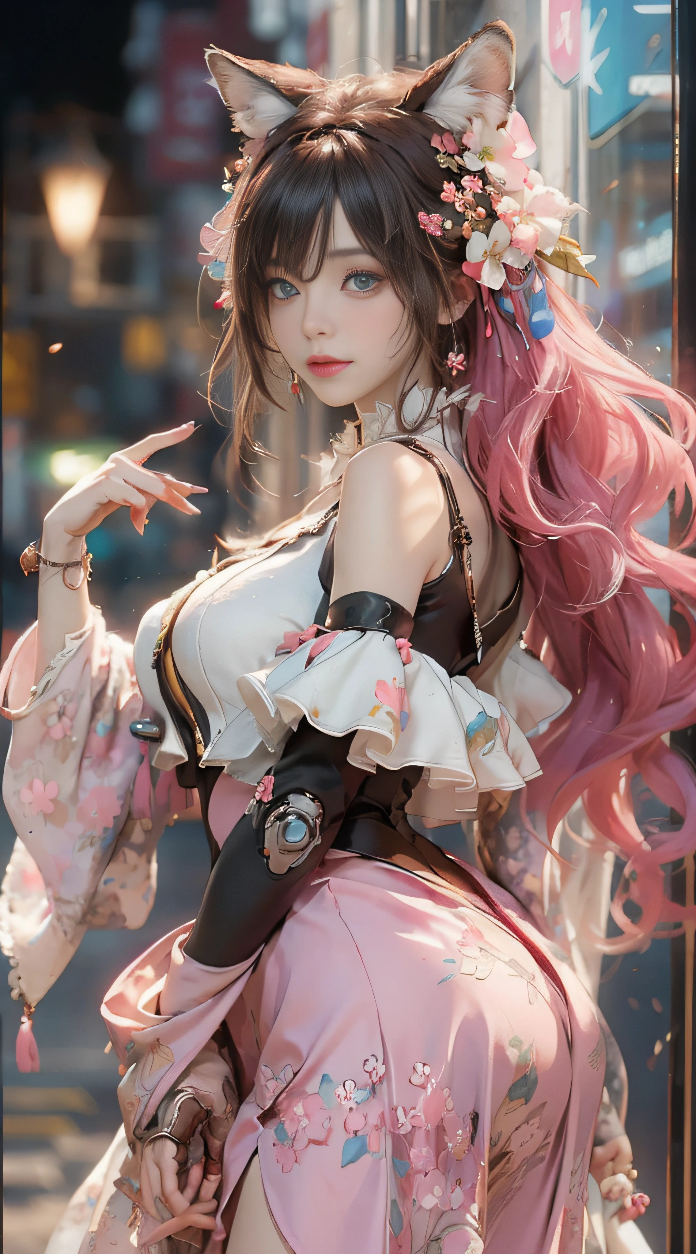 ((best qualtiy)), ((tmasterpiece)), (detail:1.4), Beautiful cyberpunk female images,hdr(HighDynamicRange),Ray traching,NVIDIA RTX,Hyper-Resolution,illusory 5,sub surface scattering,PBR textures,post-proces,Anisotropy Filtering,depth of fields,maximum definition and sharpness,Many-Layer Textures,Albedo e mapas Speculares,Surface coloring,Mitsu-Accurate simulation of material interactions,perfectly proportioned,rendering by octane,Two-colored light,largeaperture,Low ISO,White balance,Rule three points、8K raw data、Beautiful bright blue pupils,off-the-shoulder clothes,Fine pupils,Delicate face and eyes,long eyelasher,Blushlush,Delicate and fluffy hair,pink lip,Pure,Cute face,Sweet girl,Artistic sense,Casual wear,Advancedsense,butterflys,Cherry blossom petal,Beautiful hair accessories,Long hair and waist,Hair fluttering in the wind,Snow-white fox ears,curlies,Snow-white fluffy tail,Positive light,The light from the back window is backlighted