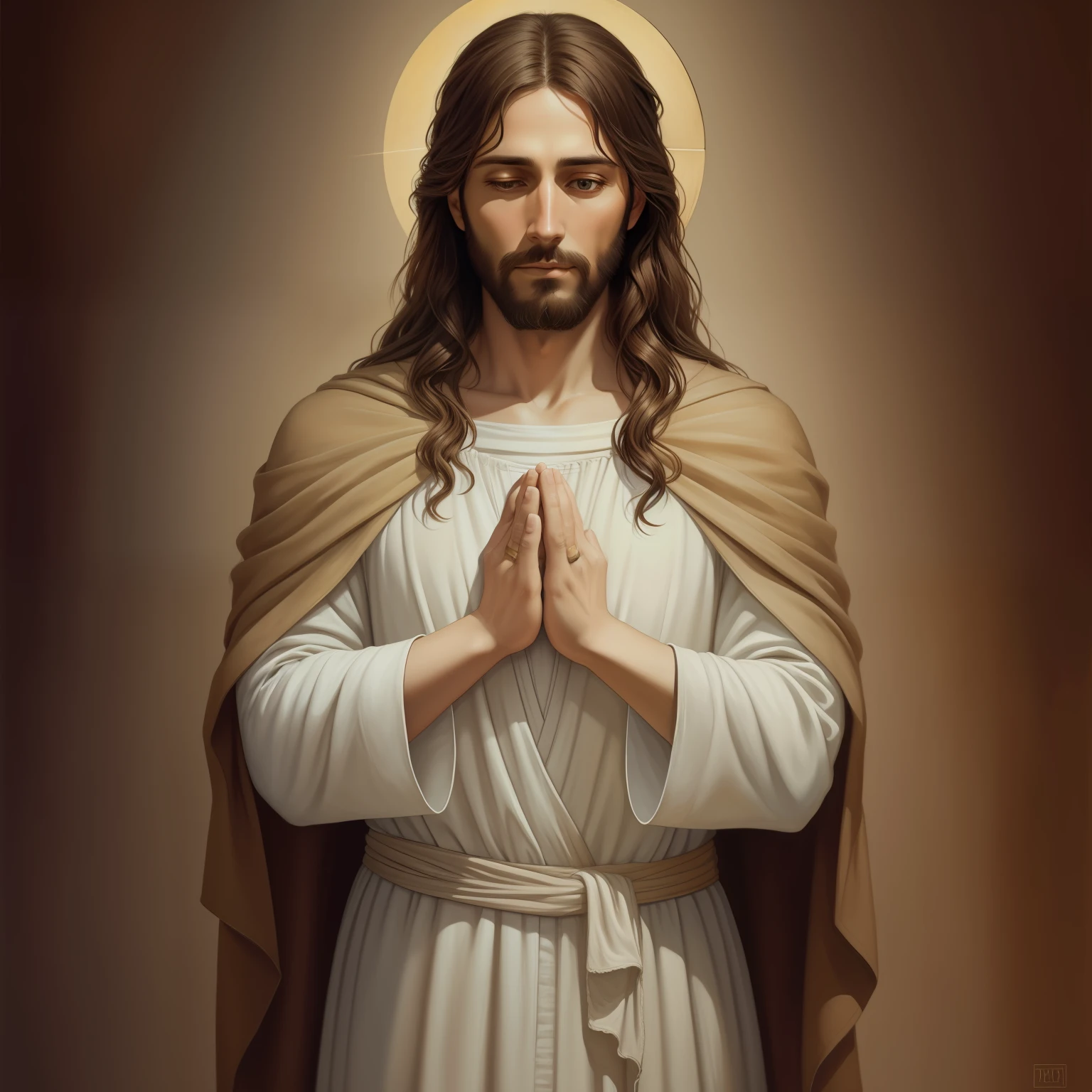 (Jesus movies Photo) A beautiful ultra-thin realistic portrait of Jesus, the prophet, a man 33 years old Hebrew brunette, short brown hair, long brown beard, wearing long linen tunic closed on the chest part, in front view, full body, biblical, realistic,by Diego Velázquez,Peter Paul Rubens,Rembrandt,Alex Ross,8k, Concept Art, PhotoRealistic, Realistic, Illustration, Oil Painting, Surrealism, HyperRealistic, pray , Digital art, style, watercolor, natural background, Praying ( Blessing woman)