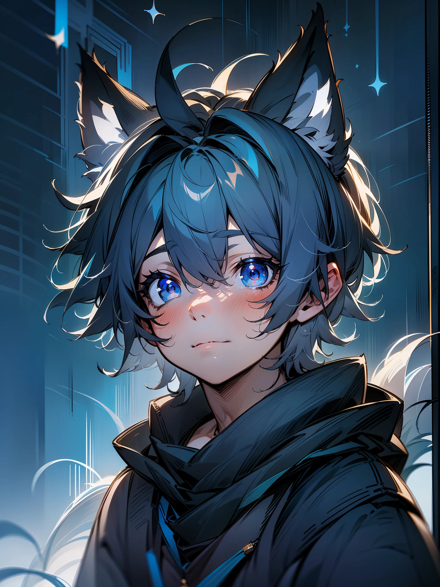 1boy, a, cute teenracter, dark gray hair, blue eyes, wolf ears, little bpinch of blue bangs, looking at the stars, Masterpieces, 8k, Cinematic lighting effects, night, (solo)