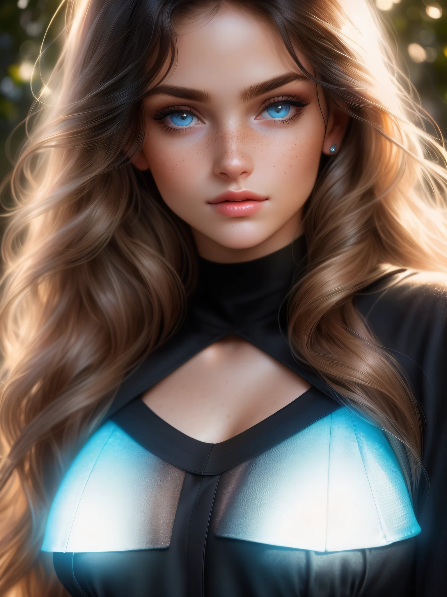 color photograph, close-up, ((a realistic photo of a beautiful girl)), (milalc), light, ((glowy skin)), looking_at_viewer, (fit body:1.0), ((large breasts)), long hair, detailed illustration, masterpiece, high quality, realistic, very detailed face, freckles, black hair, blue eyes, black shirt