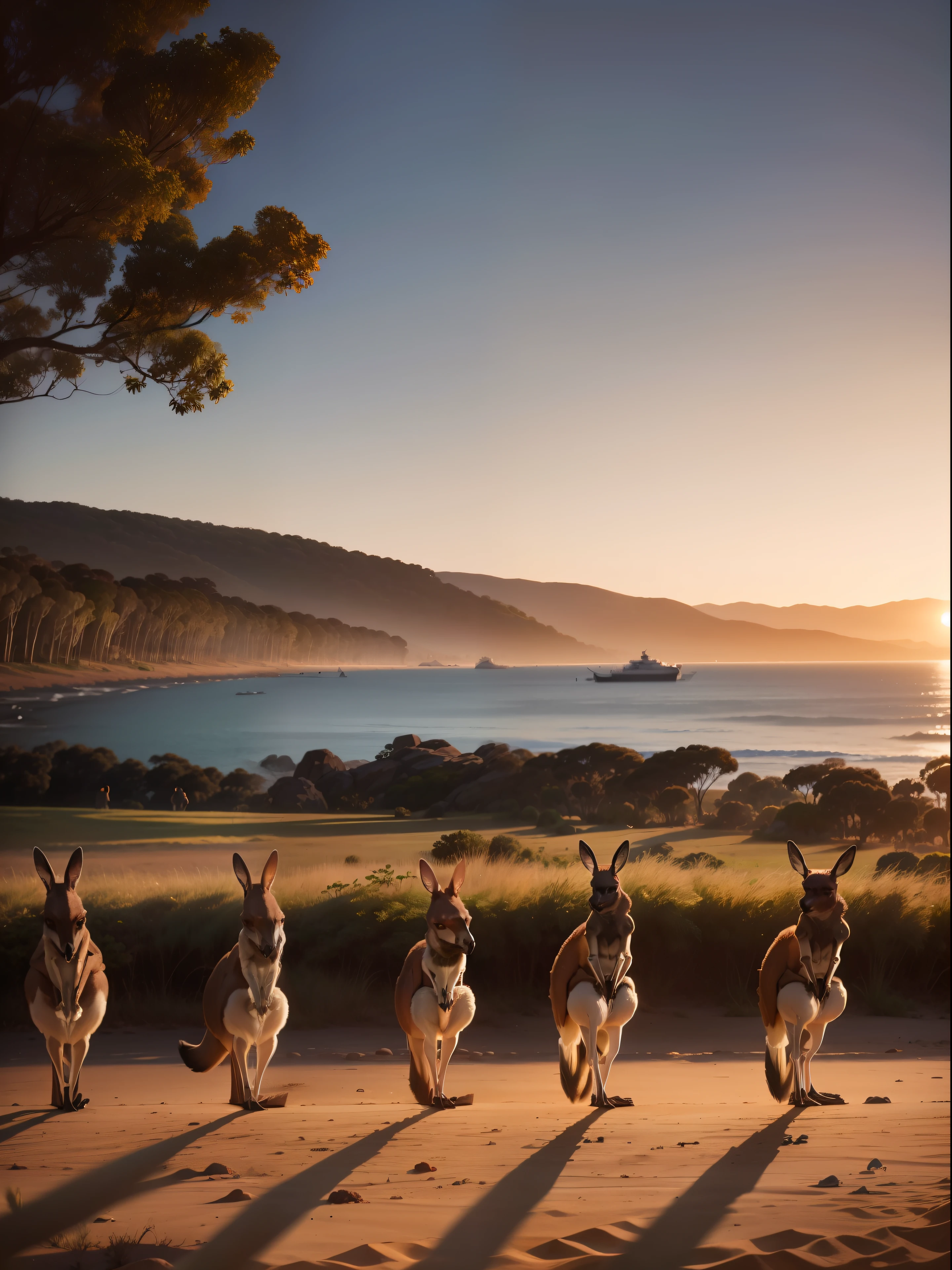 large herd of kangaroos standing up on a beach in a line facing at the camera with greenery in background, (((camera facing kangaroos))), subject : kangaroos, baby in pouch, candid photo, national geographic, cinematic, aussie, curious animals, australia, sunset, beautiful landscape, vibrant sky, (((greenery))), (((wide shot))), wildlife, proud looking, hyper realistic photo, 8k, high resolution, (((kangaroos))), clear faces, kangaroo fur, realistic