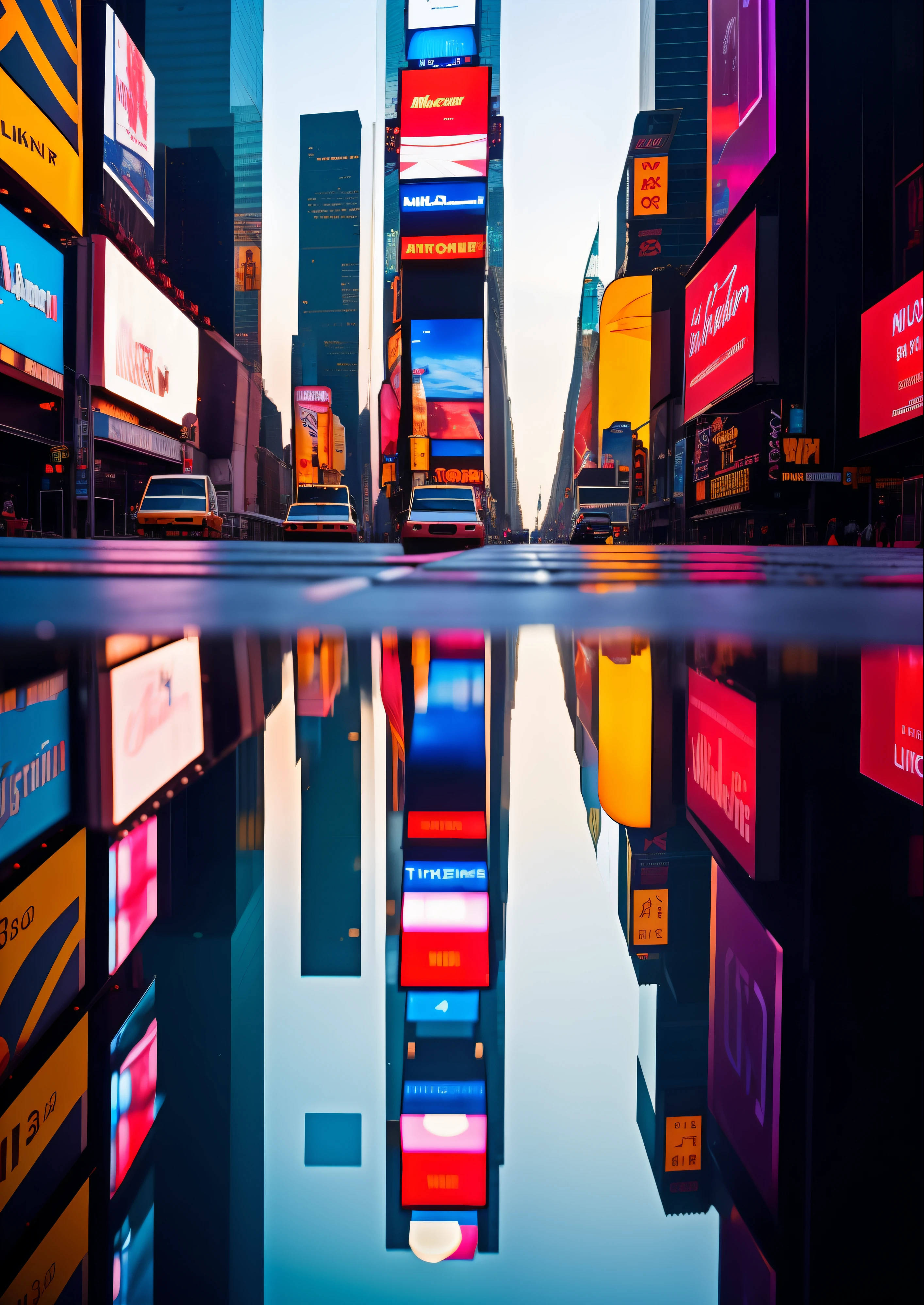 Times Square, reflection on the ground, Morning light, sol, amazing fine details, film photography Nikon D850 Kodak Portra 400 camera f1.6 lente, cores claras, textura realista, ambiente urbano, highrise, neon signs, trending on ArtStation, cinestill 800 tungsten, foto do ano,