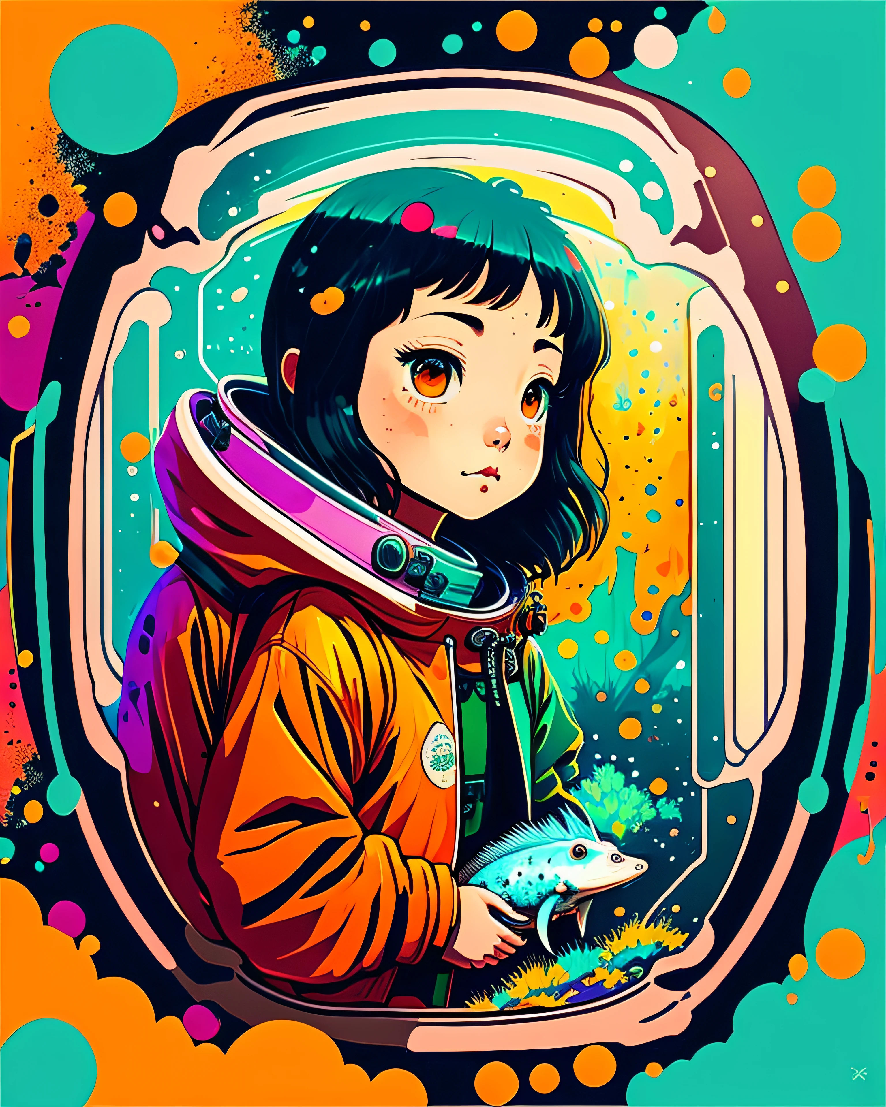 photo of a explorer with an axolotl as a pet inside the space with a psychedelic backgroun, style of laurie greasley, studio ghibli, akira toriyama, james gilleard, genshin impact, trending pixiv fanbox, acrylic palette knife, 4k, vibrant colors, devinart, trending on artstation, low details