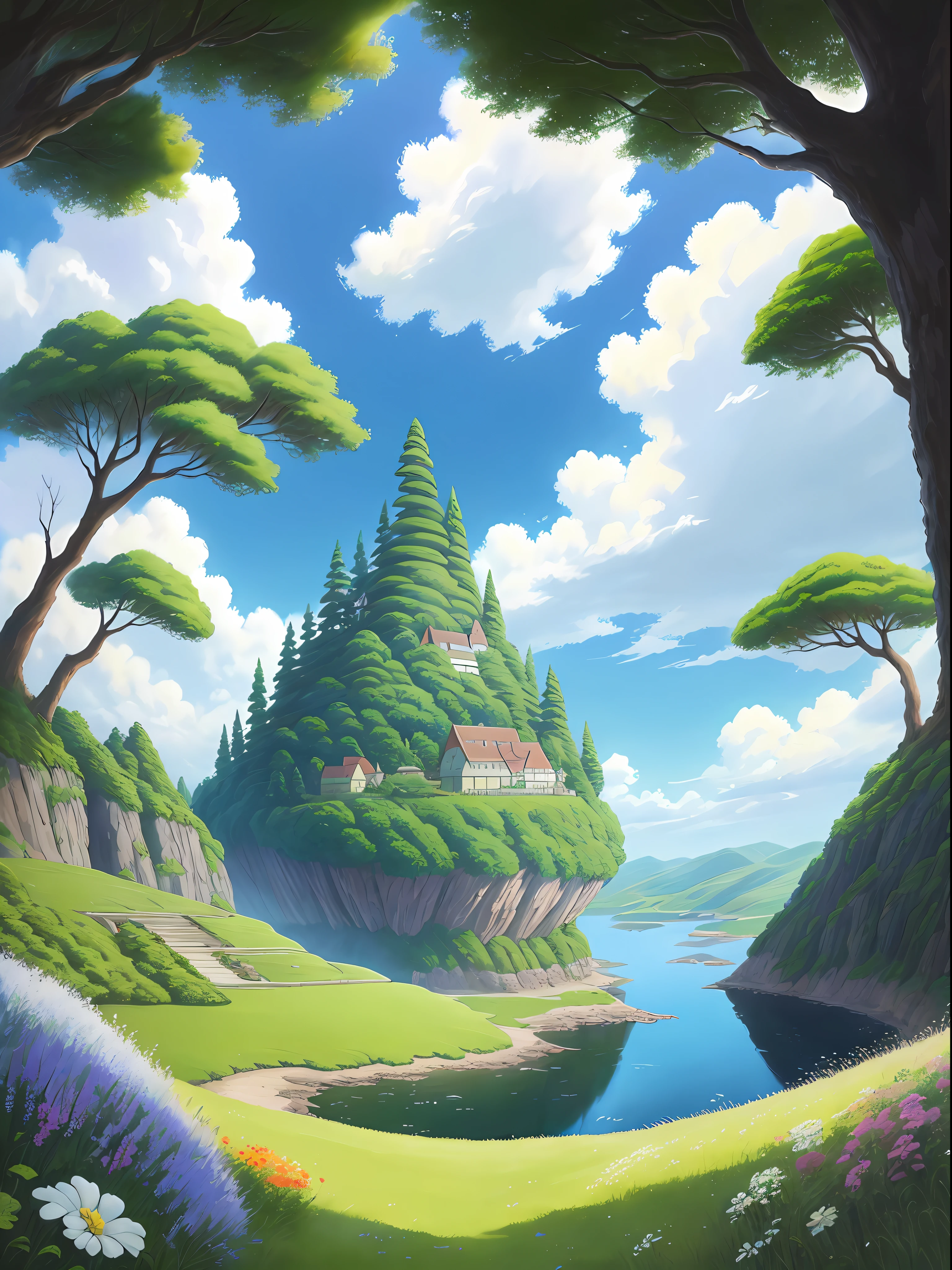 Realistic, authentic, beautiful and amazing landscape oil painting Studio Ghibli Hayao Miyazaki&#39;s petal grassland with blue sky and white clouds --v6