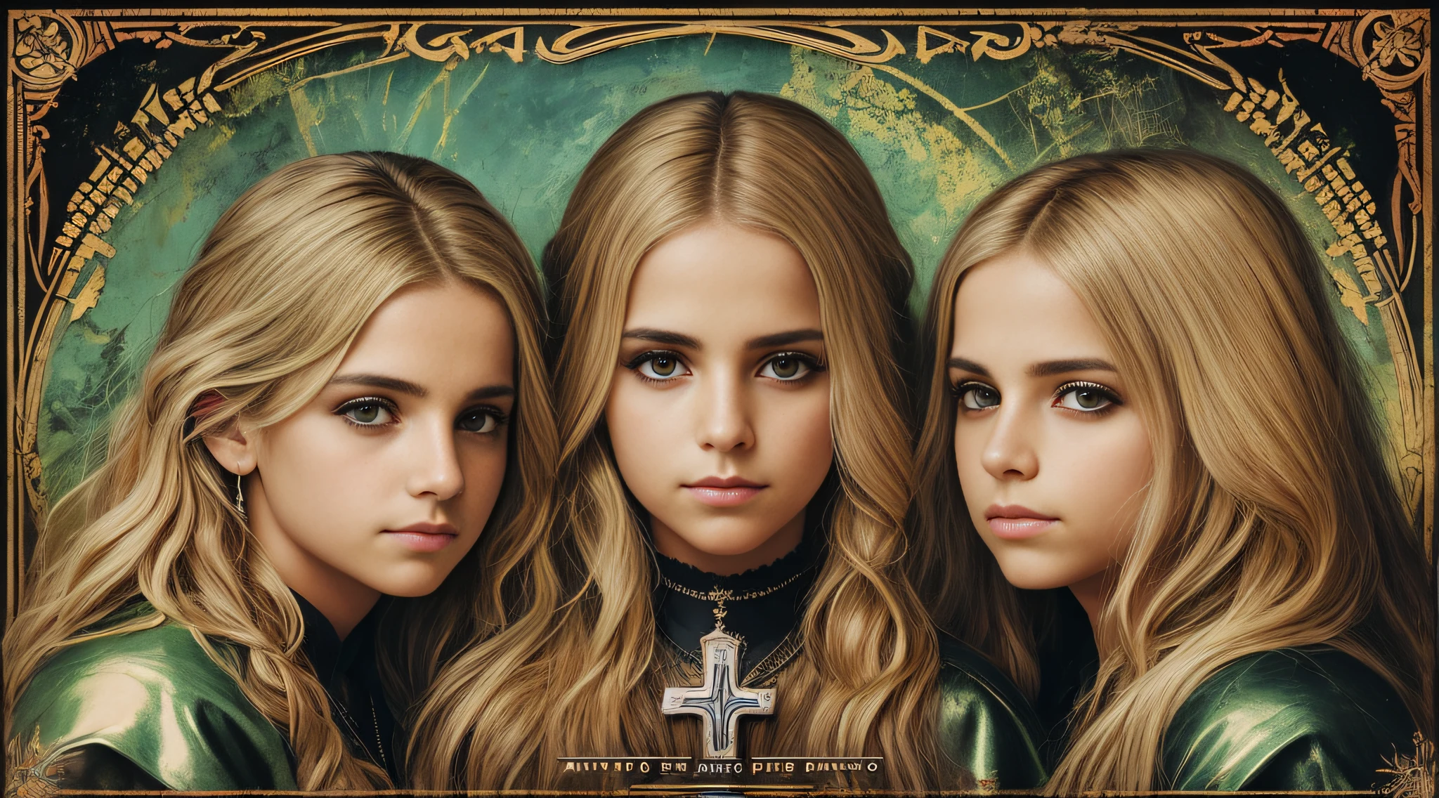 Um meio corpo, Portrait of 3 girls CHILDREN German long blonde hair TRAIDS 12 years, jaquetas couro vermelhas, holding in his hands a cross, um closeup de uma cruz com um raio saindo dela, power metal album cover, Arte Oficial, Album art, arte do cartaz oficial, Naga-Tirr, metal album cover, Arte Promocional, album, arte chave, Arte HDR Oficial, Directed by: Ignacio Zuloaga, arca album cover, album cape, arte detalhada da capa, em um fundo escuro