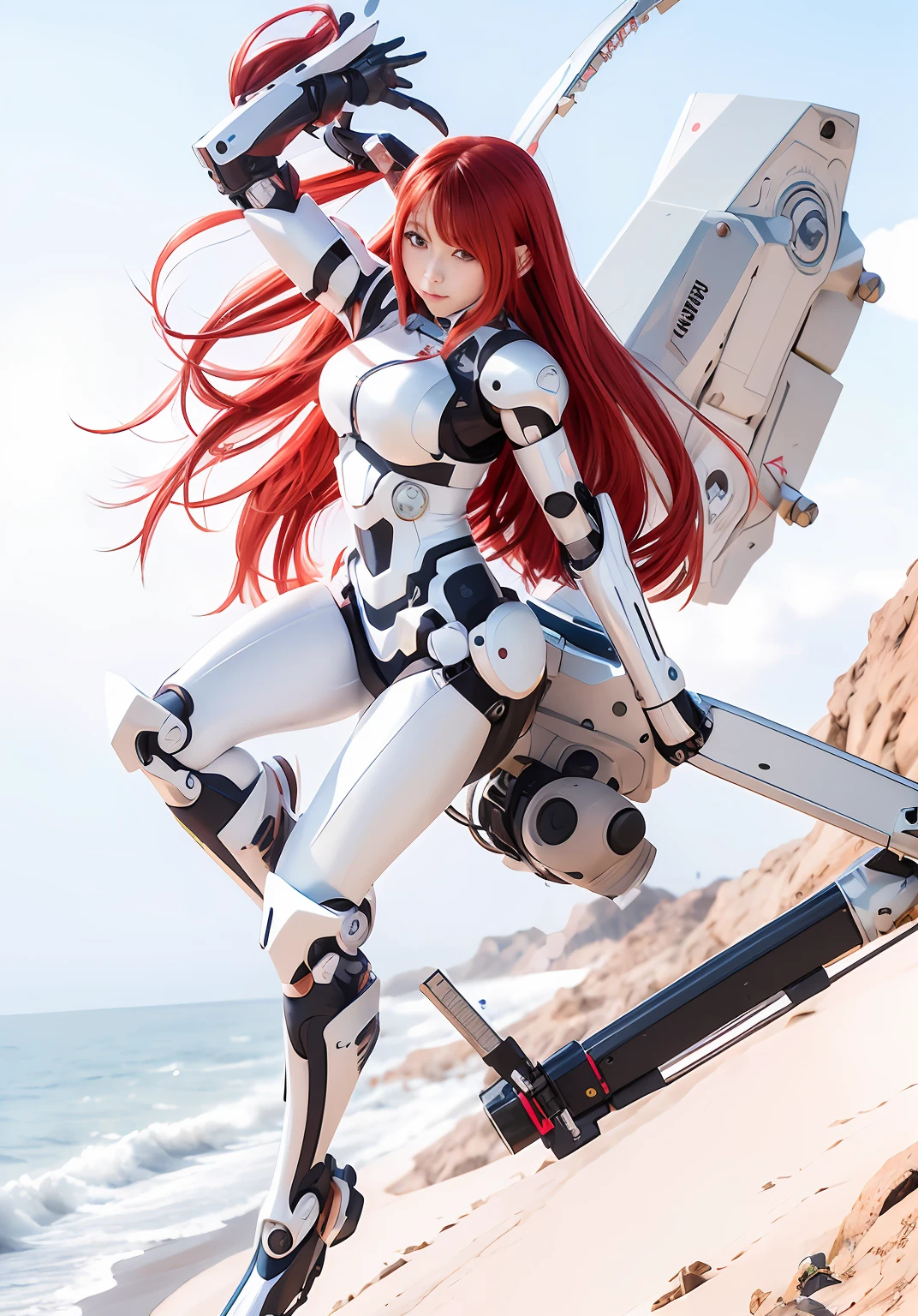 Anime girl with long red hair riding a robot with a sword, Anime Manga Robot!! Anime Girl, fully robotic!! girl, mecha anime, Modern Mecha Anime, ferra white mecha, anime robotic mixed with organic, Girl in Mecha Cyber Armor, anime cyborg, fully robotic!! catgirl, cool mecha style, mecha asthetic