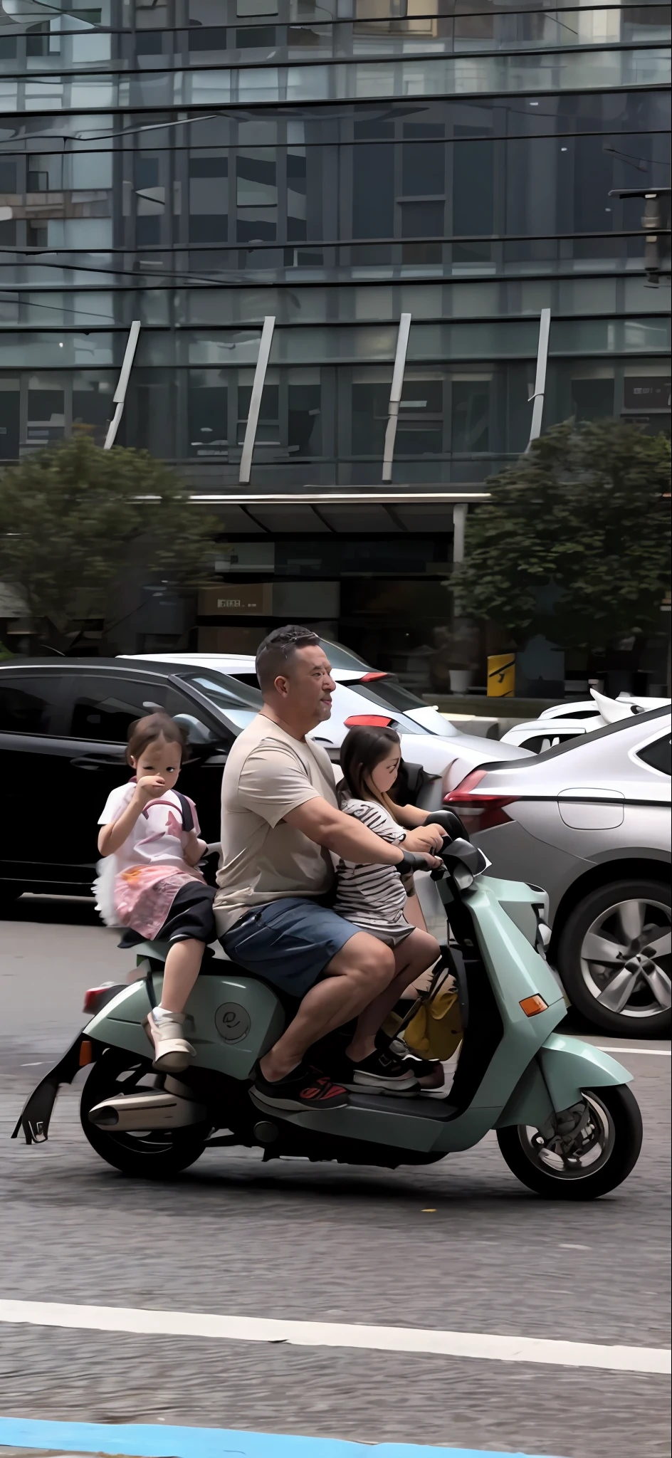 Dad with two kids on a scooter on the street, Gamine, kid, riding a motorbike down a street, riding on the moped scooter, one motorbike in center of frame, 4 0 9 6, Family, 35mm —W 1920 —H 1080, riding motorcycles, street life, Dark_Fantasy,Cyberpunk,(chain saw,chain saw man,Red:1.1),1man,Mechanical marvel,Robotic presence,Cybernetic guardian,wearing a worn-out mech suit，iintricate，（Steel metal[rusted]），ellegance，Clear focus，Photo by Greg Rutkowski，gentlesoftlighting，vivd colour，tmasterpiece，（（the street）），cow boy shot，dynamicposes，