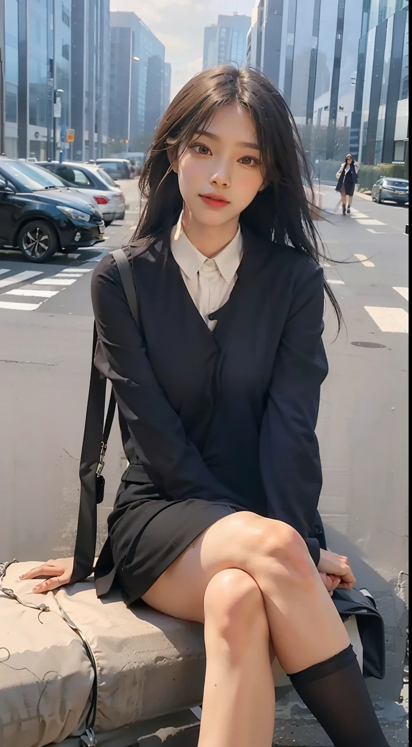best qualtiy, Full body like,Refined face,pretty face,25 years old woman,slimfigure,medium chest circumference,office lady uniform,Office wear,black lence stockings,Leaking out of the sling,Outdoor Scene,Sit Pose