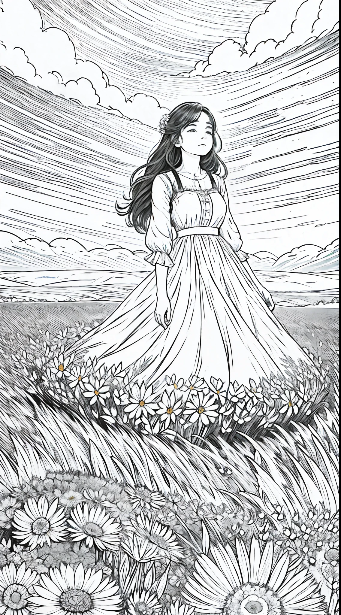 girl in field, (field of flowers), mid shot, portrait, clouds, sunrise