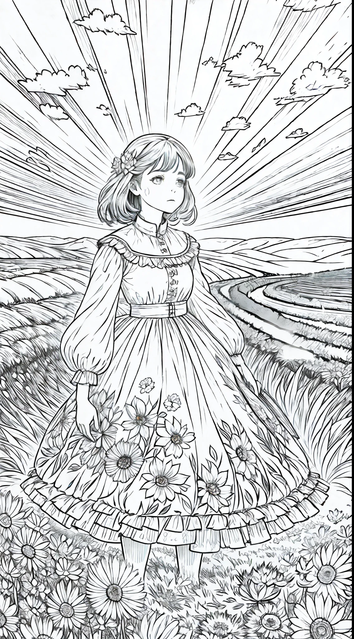 girl in field, (field of flowers), mid shot, portrait, clouds, sunrise