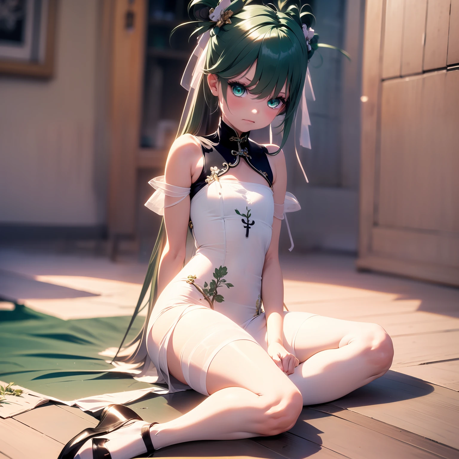 , Sitting astride, white panties, serious expression,wearing a green China dress, heels, Beautiful eyes, perfect face, full body, masterpiece