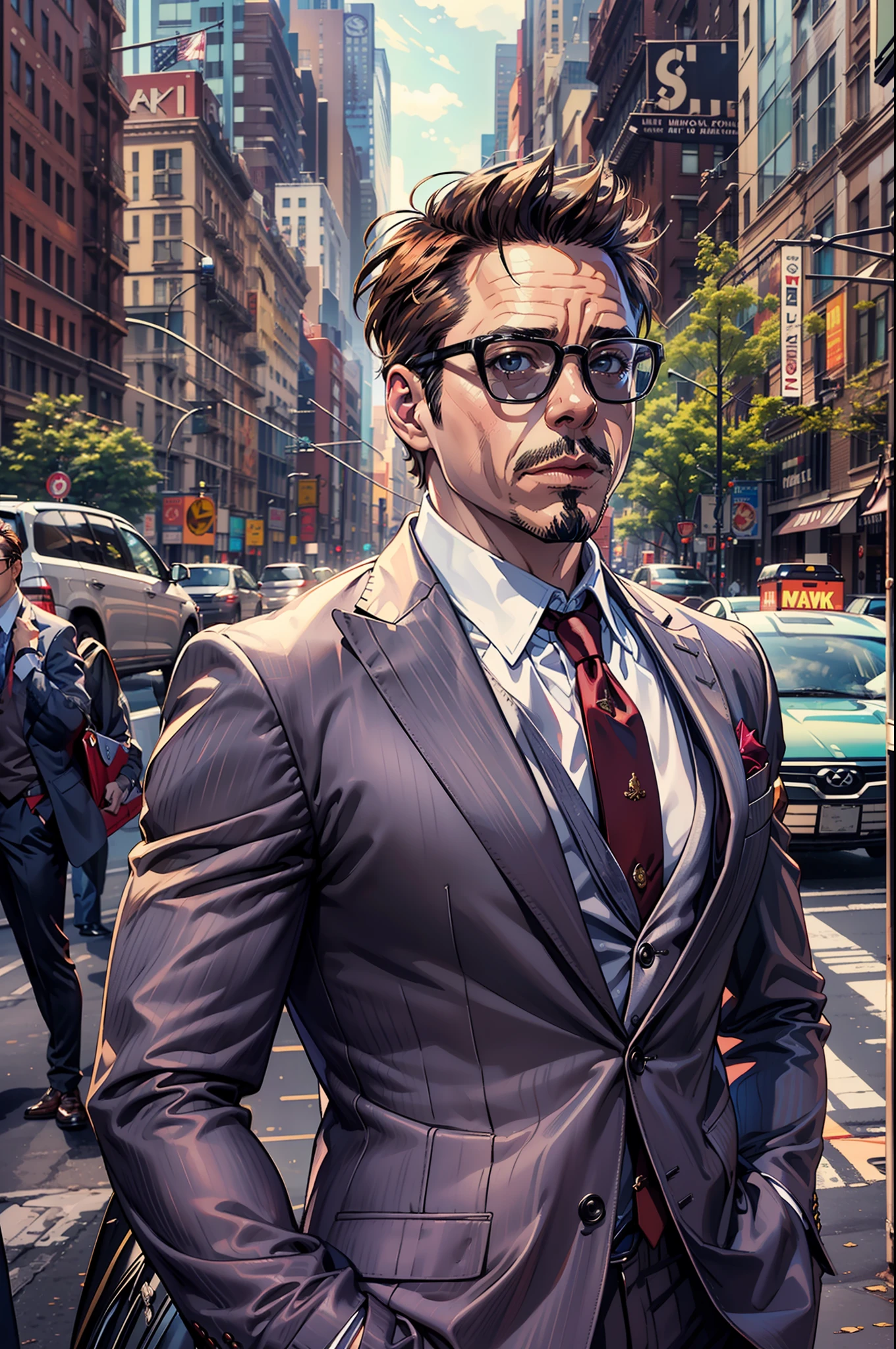 (RAW Photo, Best Quality), (Realistic, Photorealistic Photo: 1.3), Best Quality, Highly Detailed, Masterpiece, Ultra Detailed, Illustration, Robert Downey Jr, on New York City, standing, gentlemen, upper body, trending formal suit, Dynamic Angle, Best Quality, Extremely Detailed CG Unified 8k Wallpaper, Ink, Amazing.