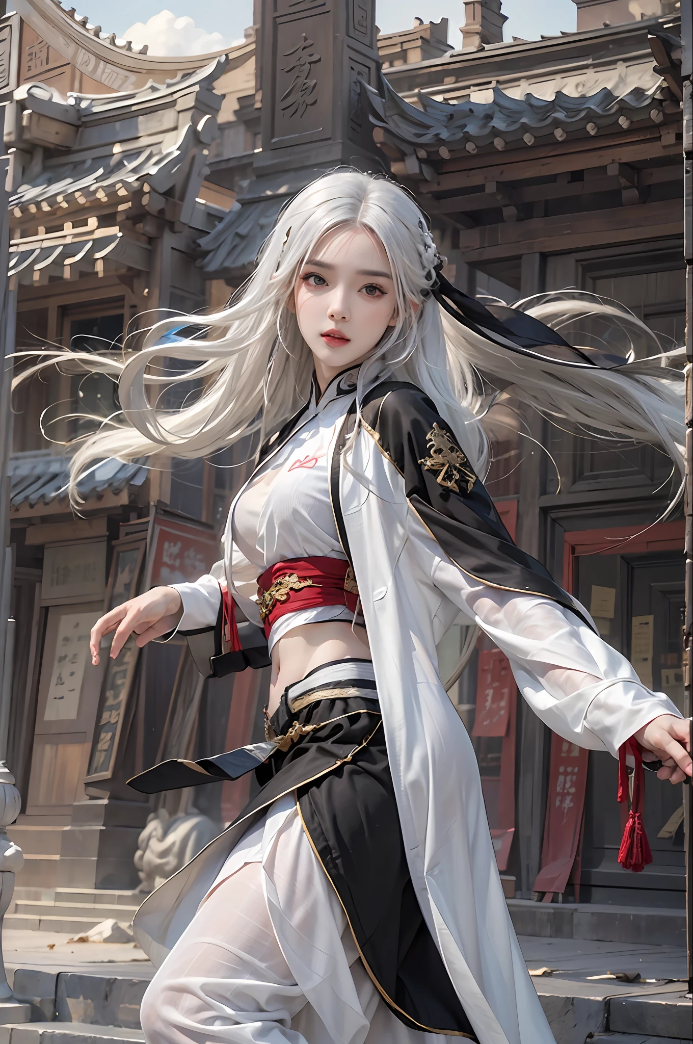 photorealistic, high resolution, 1 women, solo, hips up, look at viewer, (detailed face), white hair, long hair, medium breasts, black kungfu clothes