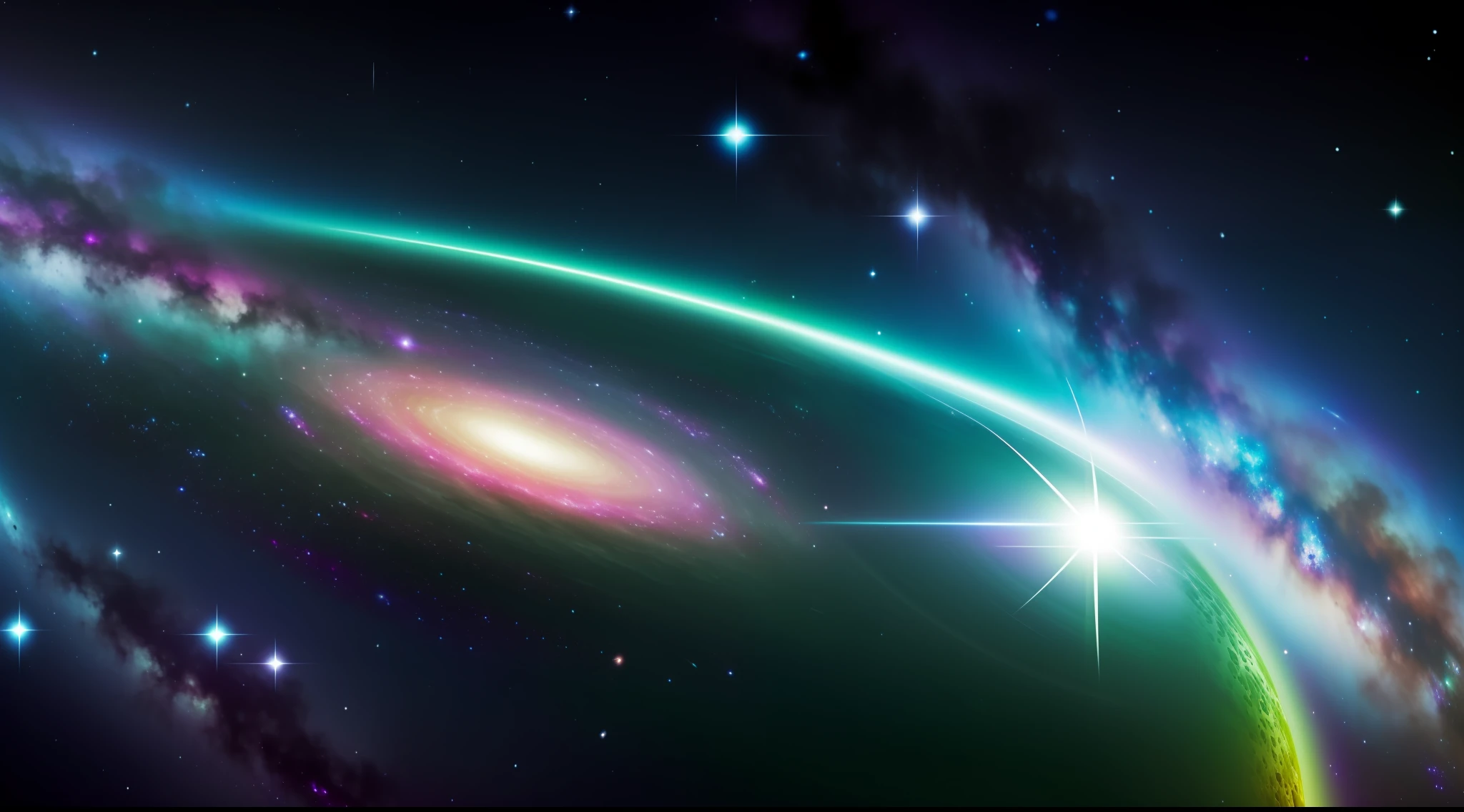 Arafed image of a lenticular galaxy with a bright green center, beautiful galaxy, near a galaxy, space galaxy, massive galaxy, galaxy space sci - fi, background galaxy, galaxy background, background of the galaxy, background is an alien galaxy, galaxy in the sky, galaxy simulation, interstellar galaxy, galaxy in the night sky, galaxy in the background