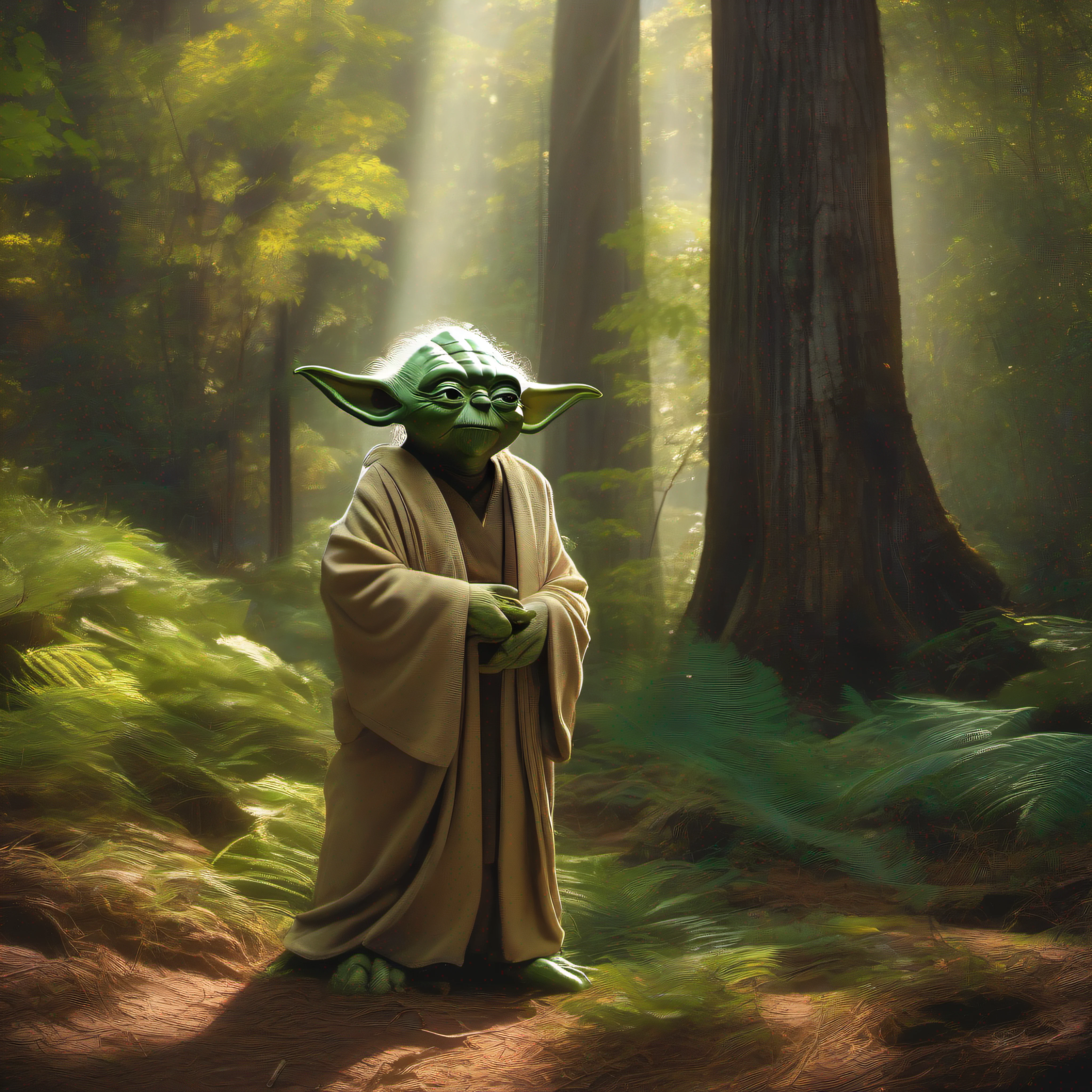 Yoda, the wise and revered Jedi Master from the Star Wars universe, stands in the heart of a dense and ancient forest on the planet Dagobah. Rays of golden sunlight filter through the thick foliage, casting a warm and mystical glow. Yoda's wrinkled and green-skinned face is illuminated, reflecting both wisdom and weariness. His small, hunched form is enveloped in a flowing robe of earthy tones, blending harmoniously with the natural surroundings. The atmosphere is serene, with an almost spiritual ambiance. Captured in the style of Ansel Adams – Landscape Photography.