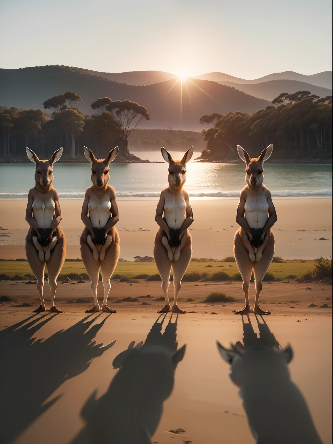 large herd of kangaroos standing up on a beach in a line facing at the camera with greenery in background, (((camera facing kangaroos))), subject : kangaroos, baby in pouch, candid photo, national geographic, cinematic, aussie, curious animals, australia, sunset, beautiful landscape, vibrant sky, (((greenery))), (((wide shot))), wildlife, proud looking, hyper realistic photo, 8k, high resolution, (((kangaroos))), clear faces, kangaroo fur, realistic