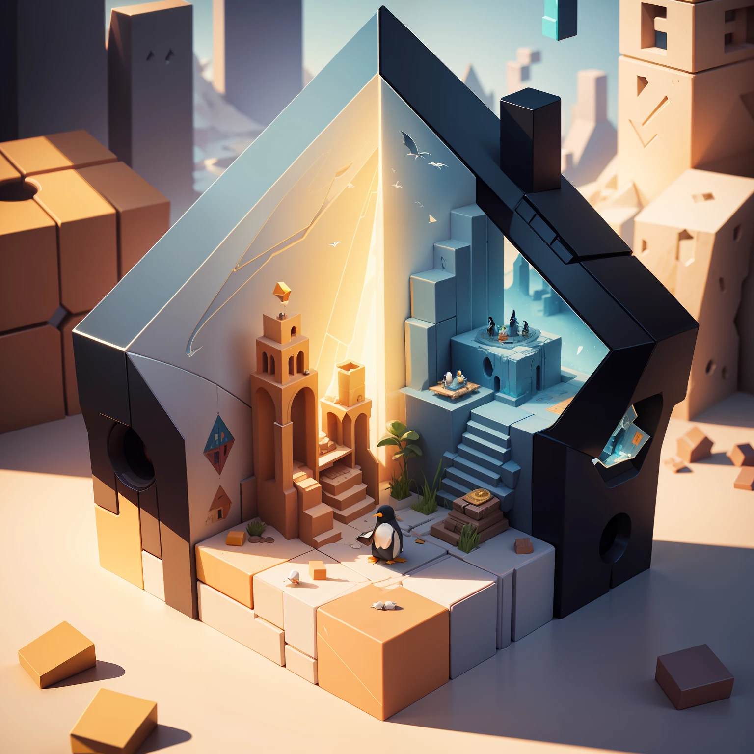 cubic penguin find treasure chest on puzzle map, art station trend, monument valley, level design, low poly, isometric art, 3d art, high detail, art station, concept art, behavior, ray tracing, smooth, sharp focus, ethereal lighting