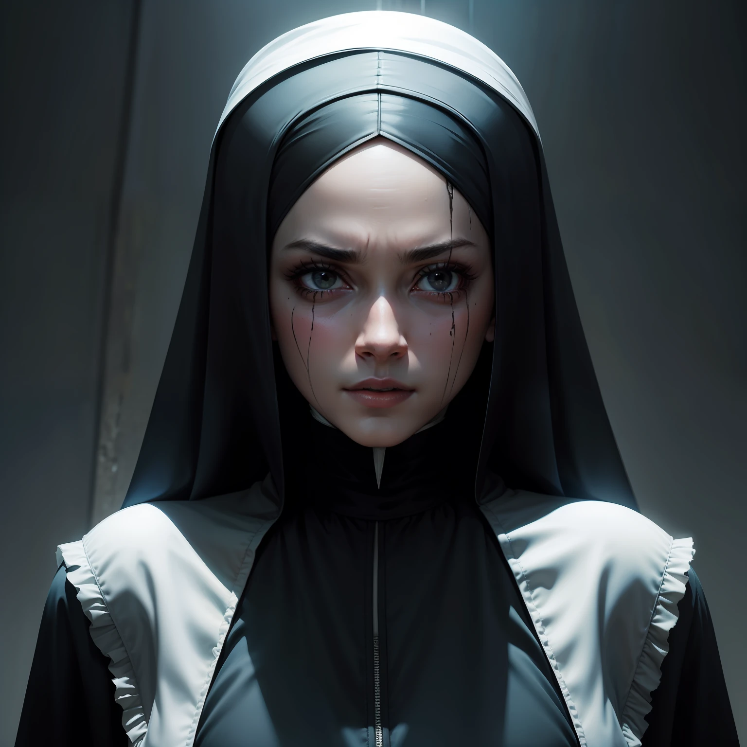 A horror movie nun She is looking forward with a demon over her head controlling her. A fazendo pecar
