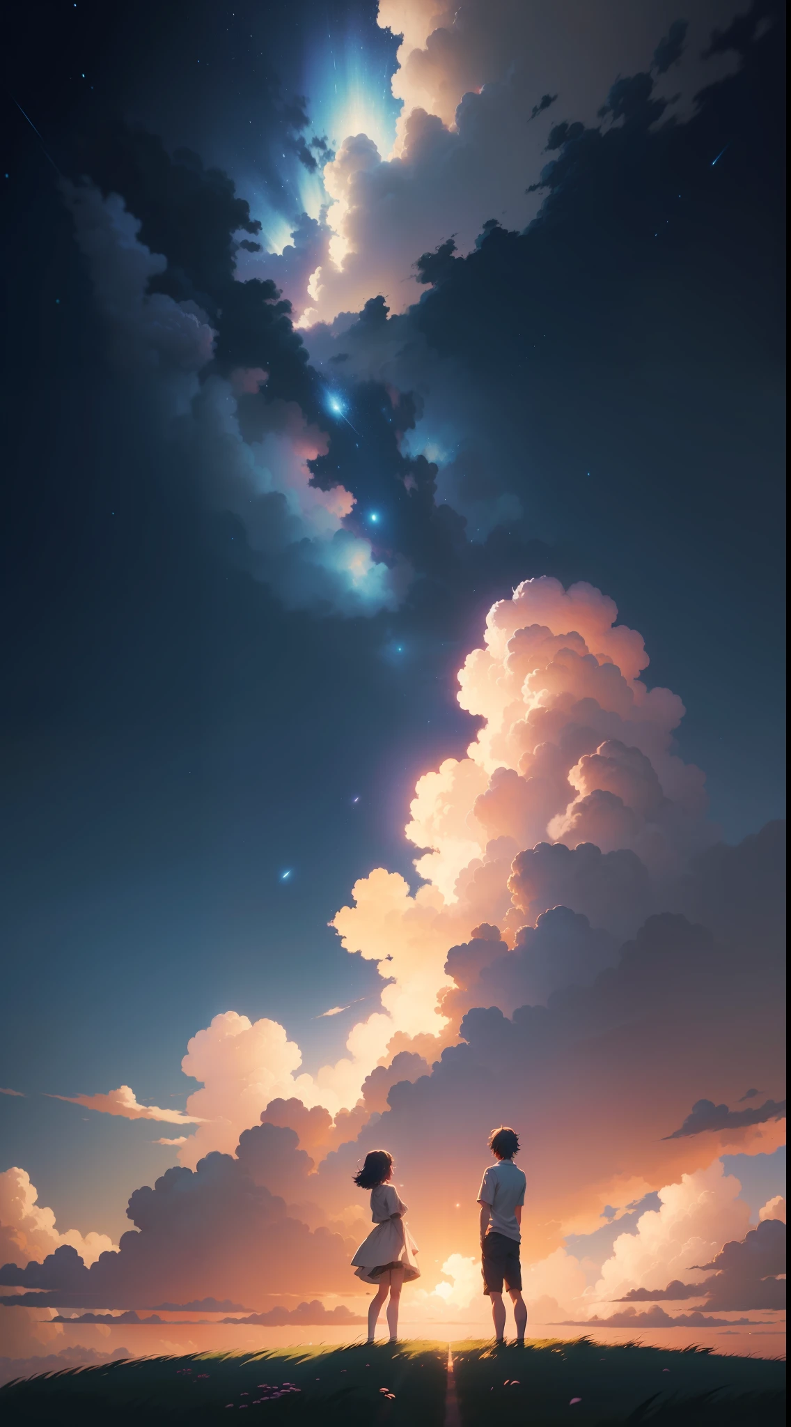 Anime scenario of two people standing on the grass looking up at the sky, noite, grama alta, cosmic skies. Por Makoto Shinkai, Makoto Shinkai Cirilo Rolando, Anime Nice Jantar, anime sky, papel de parede de arte anime 4K, papel de parede de arte anime 4K, papel de parede de arte anime 8 k, Nice Paz Jantar Anime, Not Makoto Shinkai style, papel de parede anime 4k