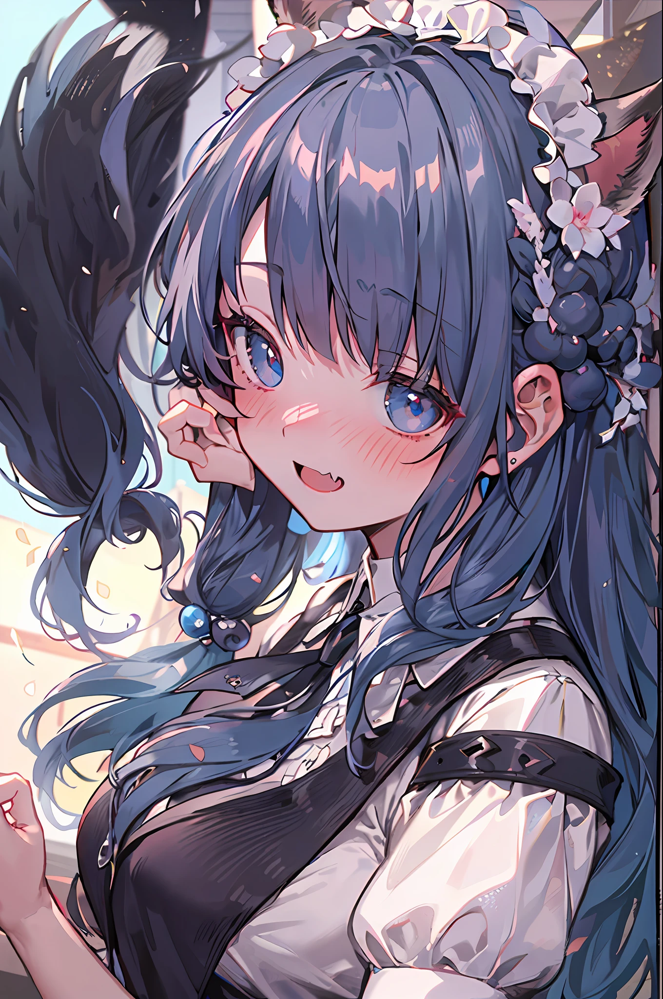 black hair, hair bobbles, wince, longeyelashes, solid circle eyes, fake animal ears, light smile, ear blush, fang, maid headdress, dark blue hair, stifled laugh, nose blush, Surrealism, drop shadow, anaglyph, stereogram, tachi-e, pov, atmospheric perspective, Surrealism, high detail, Romanticism, anime, cinematic lighting, 8k, super detail, ccurate, best quality, 16k, best quality, masterpiece, retina,Rem Rem,reo