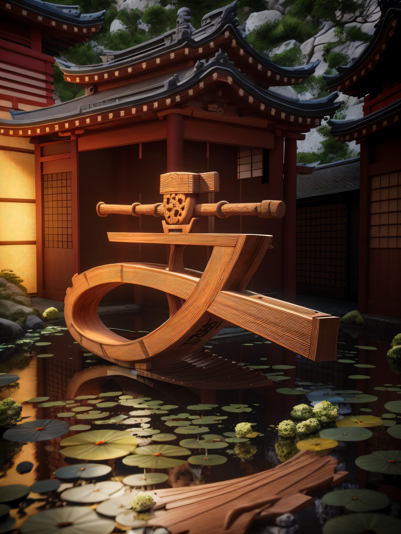 There is a wood carving of a boat in the pond, japonisme 3 d 8 k ultra detailed, 3 d render stylized, inspired by Itō Jakuchū, Rendered in Cinema4D, rendered in cinema 4 d, stylized 3d render, depicted as a 3 d render, rendered in keyshot