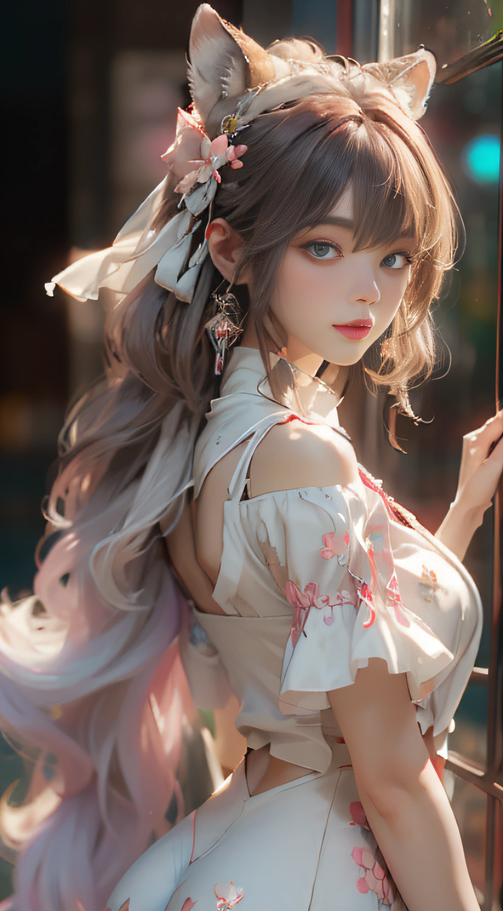 ((best qualtiy)), ((tmasterpiece)), (detail:1.4), Beautiful cyberpunk female images,hdr(HighDynamicRange),Ray traching,NVIDIA RTX,Hyper-Resolution,illusory 5,sub surface scattering,PBR textures,post-proces,Anisotropy Filtering,depth of fields,maximum definition and sharpness,Many-Layer Textures,Albedo e mapas Speculares,Surface coloring,Mitsu-Accurate simulation of material interactions,perfectly proportioned,rendering by octane,Two-colored light,largeaperture,Low ISO,White balance,Rule three points、8K raw data、Beautiful bright blue pupils,off-the-shoulder clothes,Fine pupils,Delicate face and eyes,long eyelasher,Blushlush,Delicate and fluffy hair,pink lip,Pure,Cute face,Sweet girl,Artistic sense,Casual wear,Advancedsense,butterflys,Cherry blossom petal,Beautiful hair accessories,Long hair and waist,Hair fluttering in the wind,Snow-white fox ears,curlies,Snow-white fluffy tail,Positive light,The light from the back window is backlighted