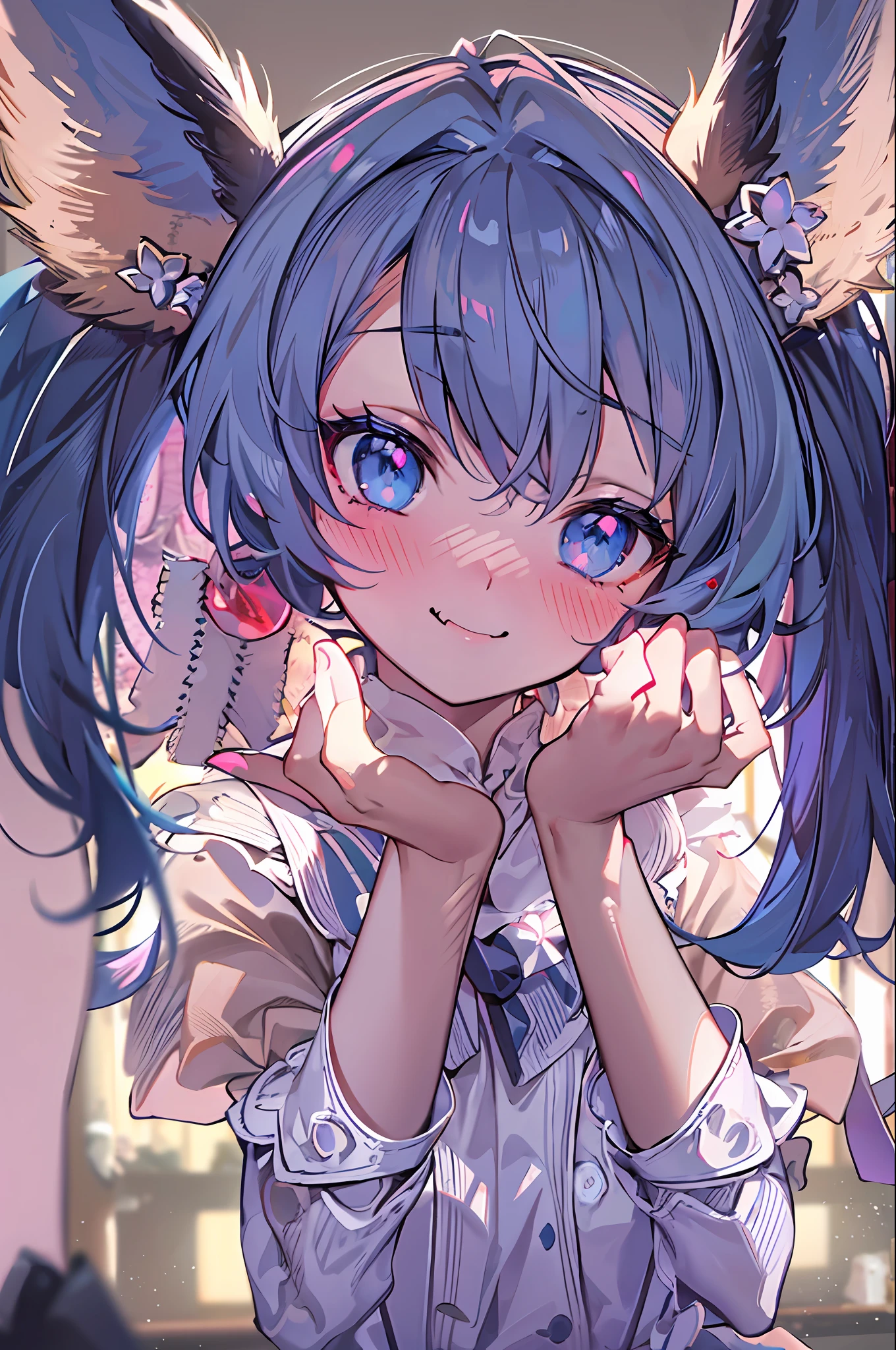 black hair, hair bobbles, wince, longeyelashes, solid circle eyes, fake animal ears, light smile, ear blush, fang, maid headdress, dark blue hair, stifled laugh, nose blush, Surrealism, drop shadow, anaglyph, stereogram, tachi-e, pov, atmospheric perspective, Surrealism, high detail, Romanticism, anime, cinematic lighting, 8k, super detail, ccurate, best quality, 16k, best quality, masterpiece, retina,Rem Rem,reo