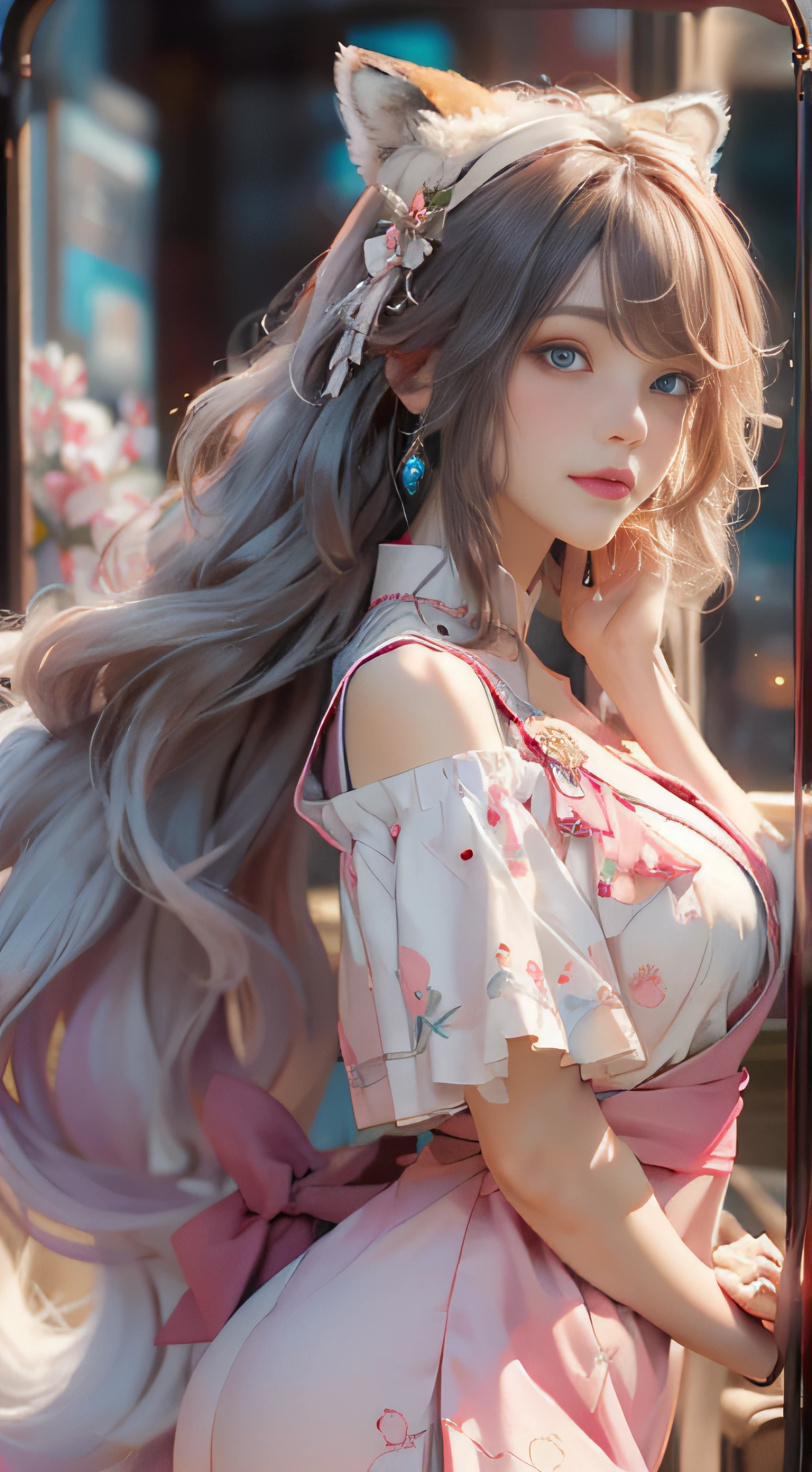 ((best qualtiy)), ((tmasterpiece)), (detail:1.4), Beautiful cyberpunk female images,hdr(HighDynamicRange),Ray traching,NVIDIA RTX,Hyper-Resolution,illusory 5,sub surface scattering,PBR textures,post-proces,Anisotropy Filtering,depth of fields,maximum definition and sharpness,Many-Layer Textures,Albedo e mapas Speculares,Surface coloring,Mitsu-Accurate simulation of material interactions,perfectly proportioned,rendering by octane,Two-colored light,largeaperture,Low ISO,White balance,Rule three points、8K raw data、Beautiful bright blue pupils,off-the-shoulder clothes,Fine pupils,Delicate face and eyes,long eyelasher,Blushlush,Delicate and fluffy hair,pink lip,Pure,Cute face,Sweet girl,Artistic sense,Casual wear,Advancedsense,butterflys,Cherry blossom petal,Beautiful hair accessories,Long hair and waist,Hair fluttering in the wind,Snow-white fox ears,curlies,Snow-white fluffy tail,Positive light,The light from the back window is backlighted