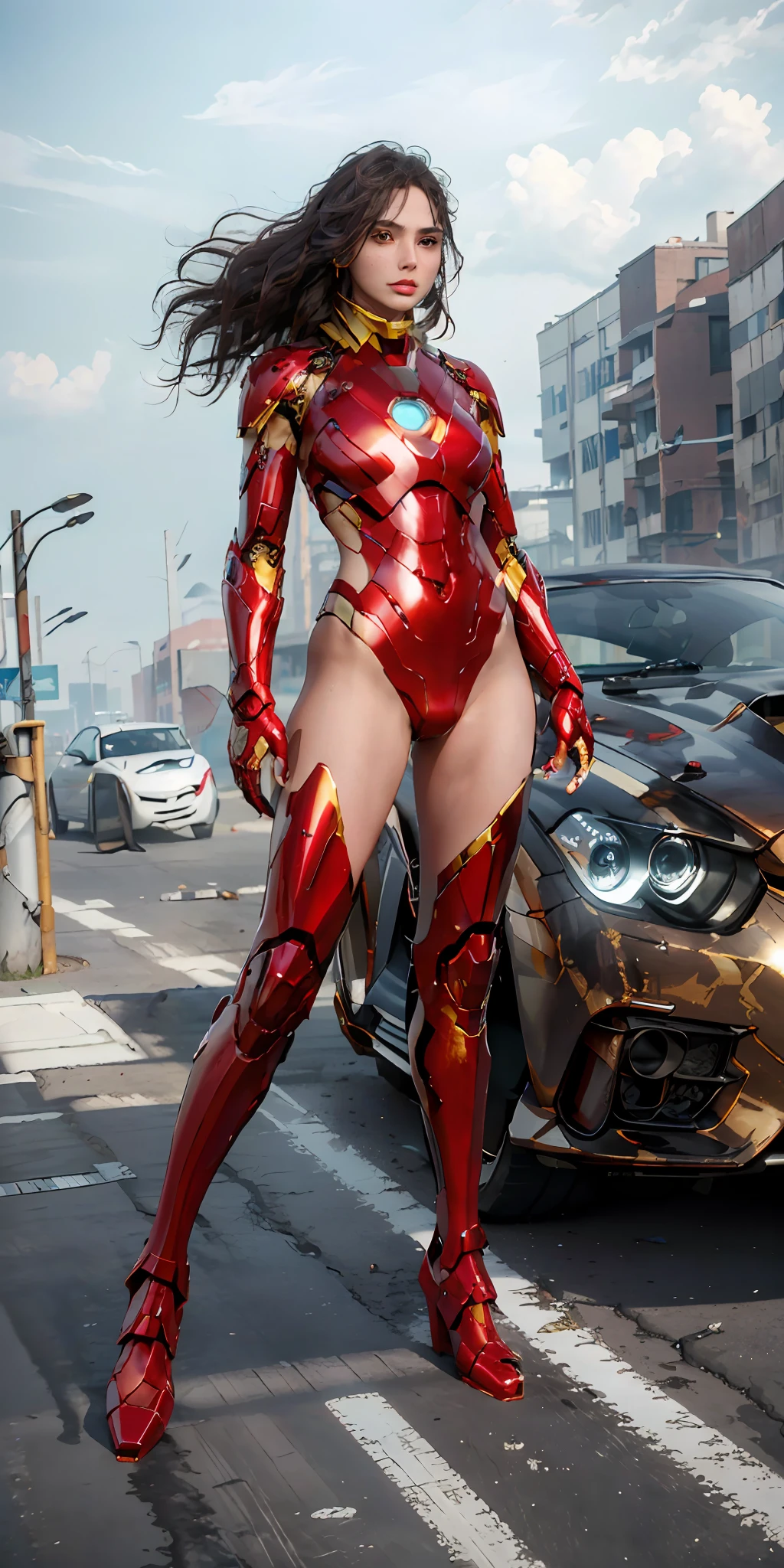 RAW, Masterpiece, Ultra Fine Photo,, Best Quality, Ultra High Resolution, Photorealistic, Sunlight, Full Body Portrait, Stunningly Beautiful,, Dynamic Poses, Delicate Face, Vibrant Eyes, (Side View) , she is wearing a futuristic Iron Man mech, red and gold color scheme, highly detailed abandoned warehouse background, detailed face, detailed and complex busy background, messy, gorgeous, milky white, high detailed skin, realistic skin details, visible pores , sharp focus, volumetric fog, 8k uhd, dslr camera, high quality, film grain, fair skin, photorealism, lomography, sprawling metropolis in futuristic dystopia, view from below, translucent