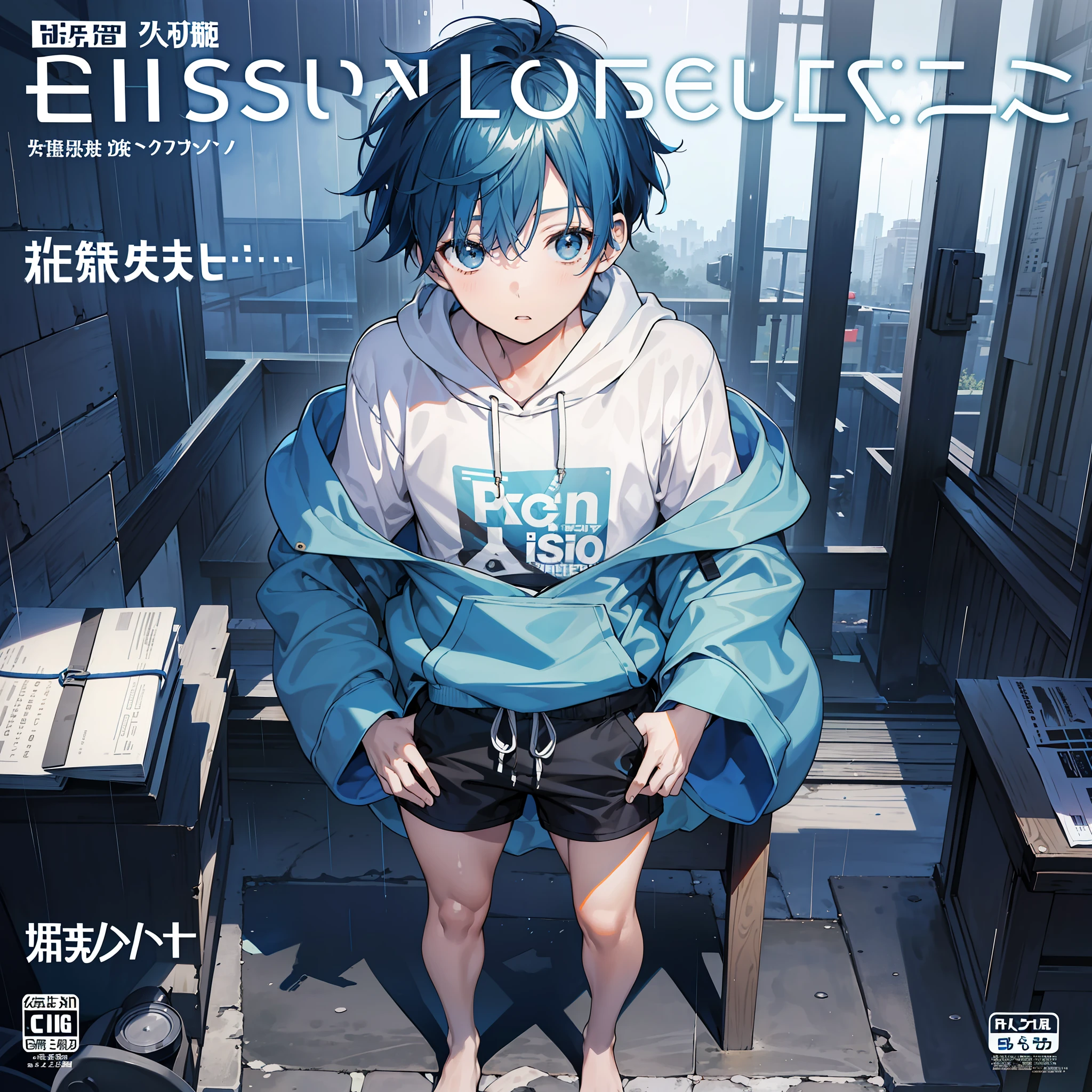 masterpiece, best quality, full body, (1boy), (blue hoodie), (Boy Messy Japanese Round Haircut for Thick Hair), (blue hair), black shorts, (solo), (magazine:1.3), (cover-style:1.3), fashionable, rain