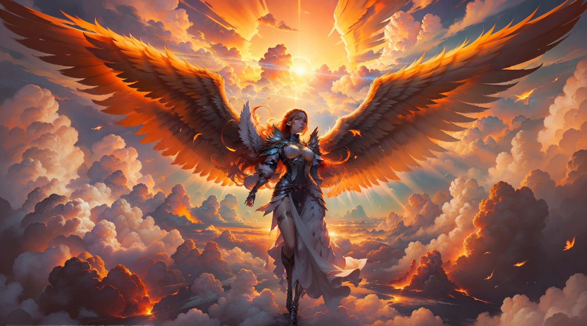 (papel de parede 8k extremamente detalhado), uma pintura realista de um Anjo, with detailed wings amid the clouds of the burning sky, intrincado, alto detalhe, Dramatic