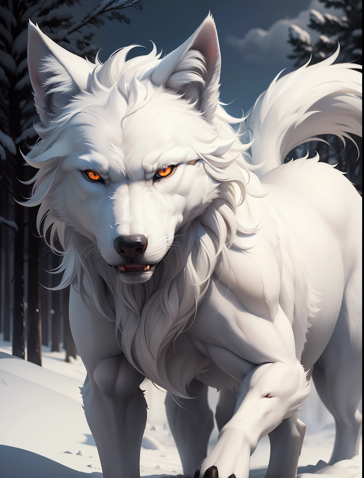 Create a white wolf with eyes of fire HD details ultra realistic image of a white wolf with eyes of fire with snow background,