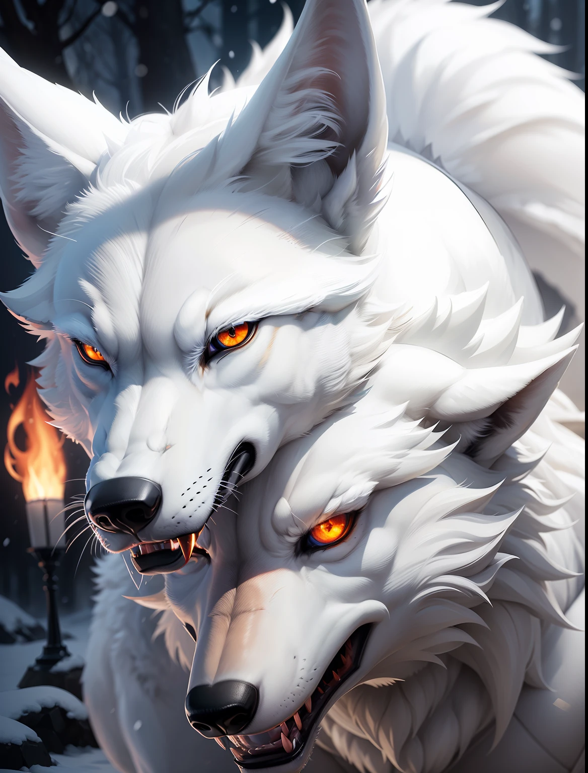 Create a white wolf with eyes of fire HD details ultra realistic image of a white wolf with eyes of fire with snow background,