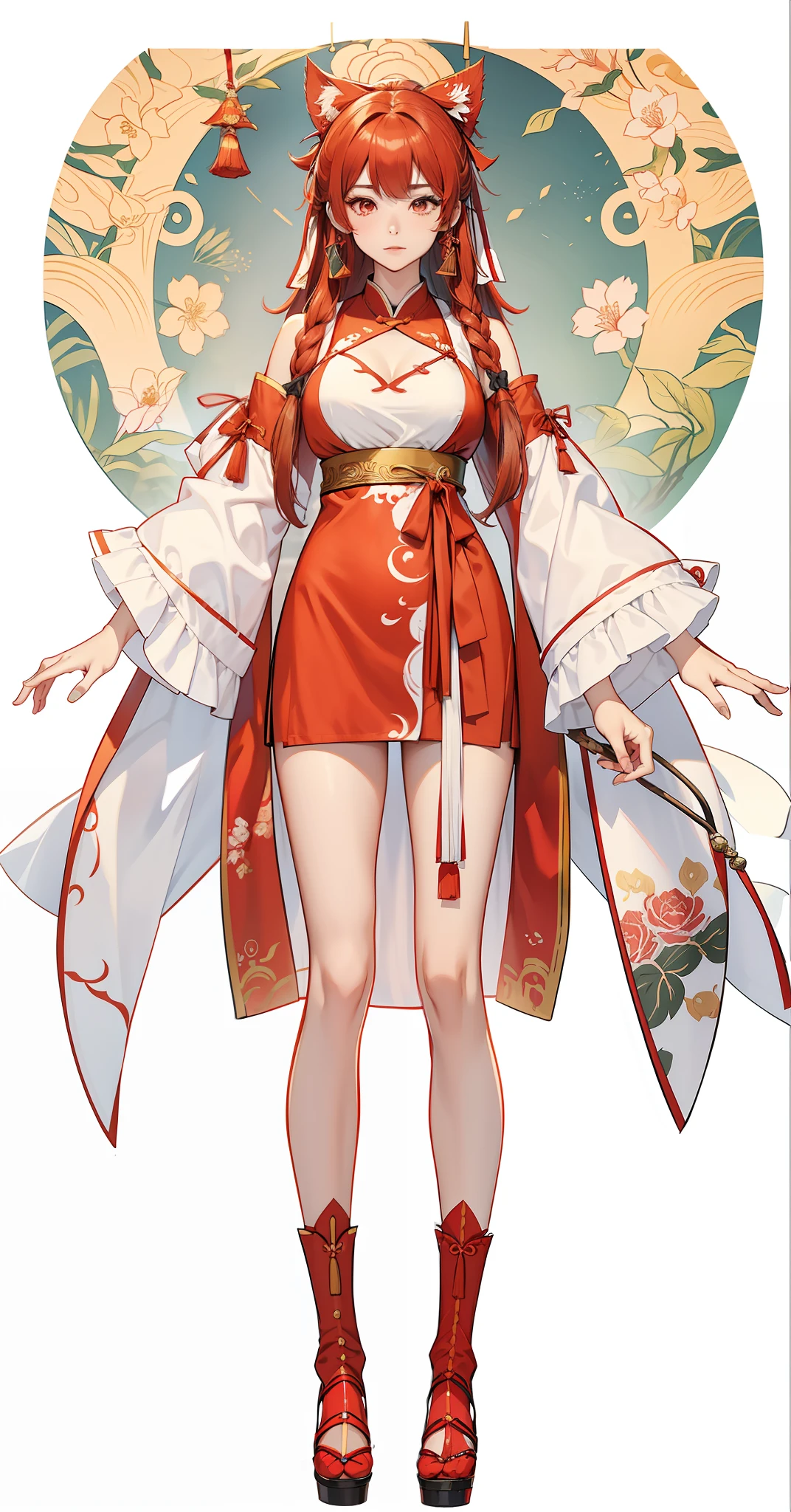 A close-up of a woman in Hanfu，Has a pair of cat ears, artistic renderings of Reimu Hakurei, reimu hakurei, ((wearing aristocrat robe)), touhou character, full-body xianxia, !!Full body portrait!!, Aromatic, from touhou, full body adoptable, full bodyesbian!, full body concept, full body concept, clothing design, clear outfit design, full-body xianxia, new costume concept design, full body with costume, costume desig, full body detailing, anime full body illustration, detailed full-body concept, full body portrait of a short!, full body adoptable, anime woman fullbody art