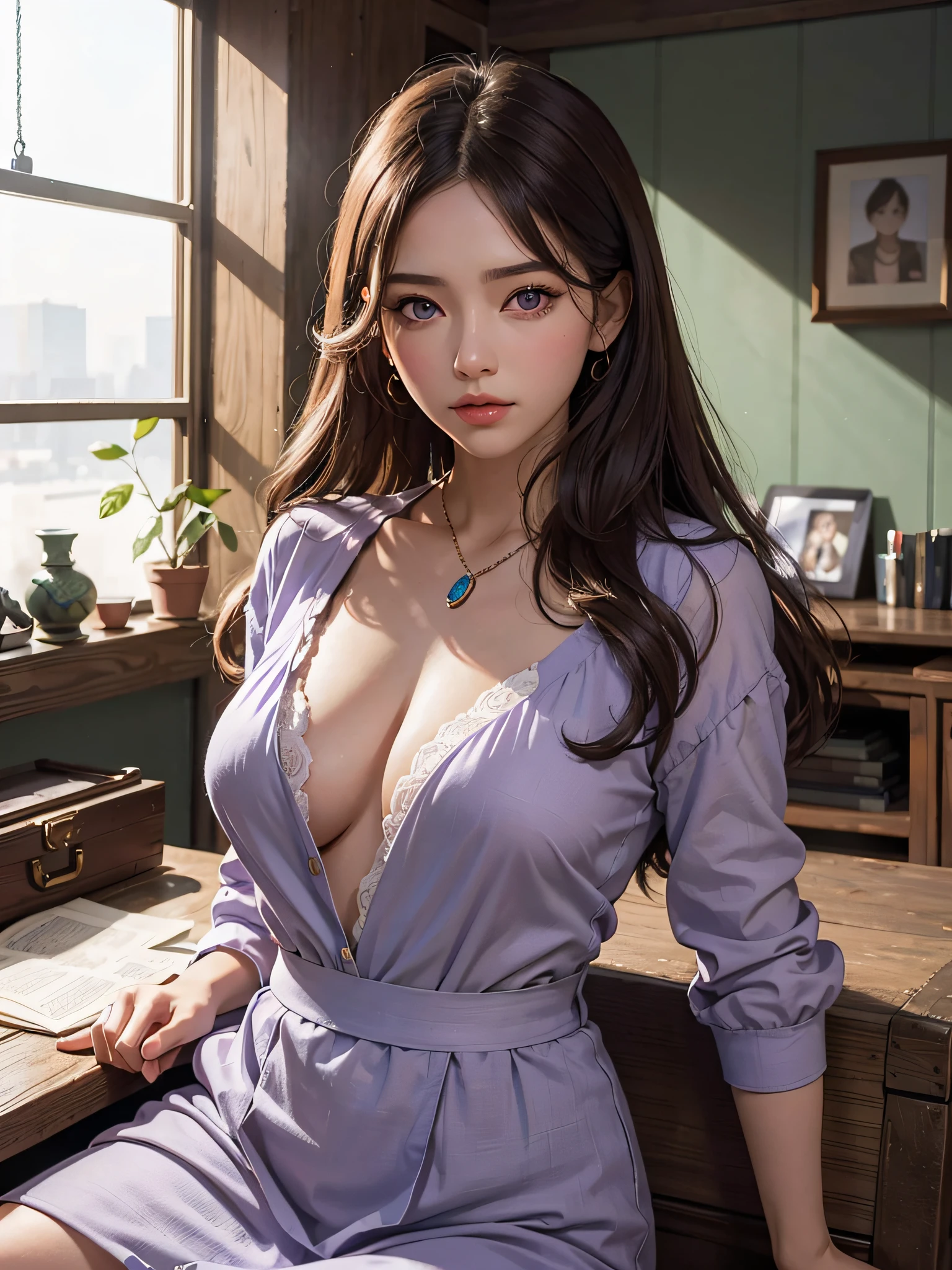 woman（The upper part of the body：1.2 1girl，tmasterpiece，best qualityer，Hyper-detailing，illustratio，Fine and detailed eyes and detailed face）  allure：brunette color hair，Natural makeup，（Purple eye：1.05），Round chest，looking at viewert，Do not leak from the chest，独奏，A MILF，Military Office Background