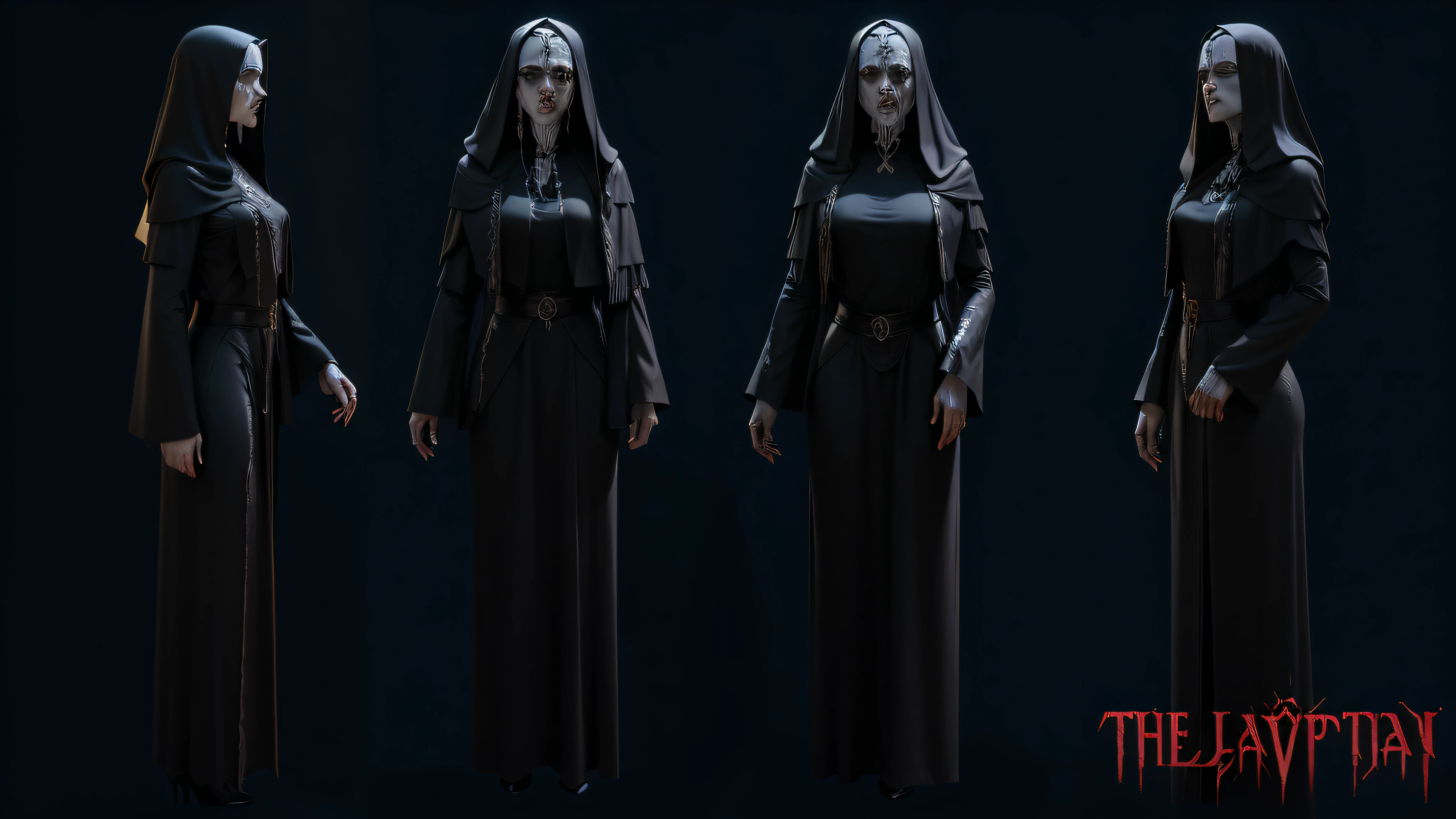 um close up de uma pessoa em traje de freira com capuz, Vampiros Agora, evil standing smiling pose, single scary female vampire nun, zumbi na arte conceitual do terror, arte conceitual de terror, horror game graphics, Uma freira malvada, demonic robes, horror altamente detalhado, nightmare render, female revenant, Bloody + arte conceitual, Modelo de conceito de personagem, Wraith com capuz escuro