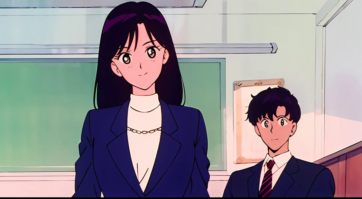 best quality, masterpiece, 1 lady and 1 man, 30 years old, teacher, suit, looking at viewer, light smile, black hair, upper body, school