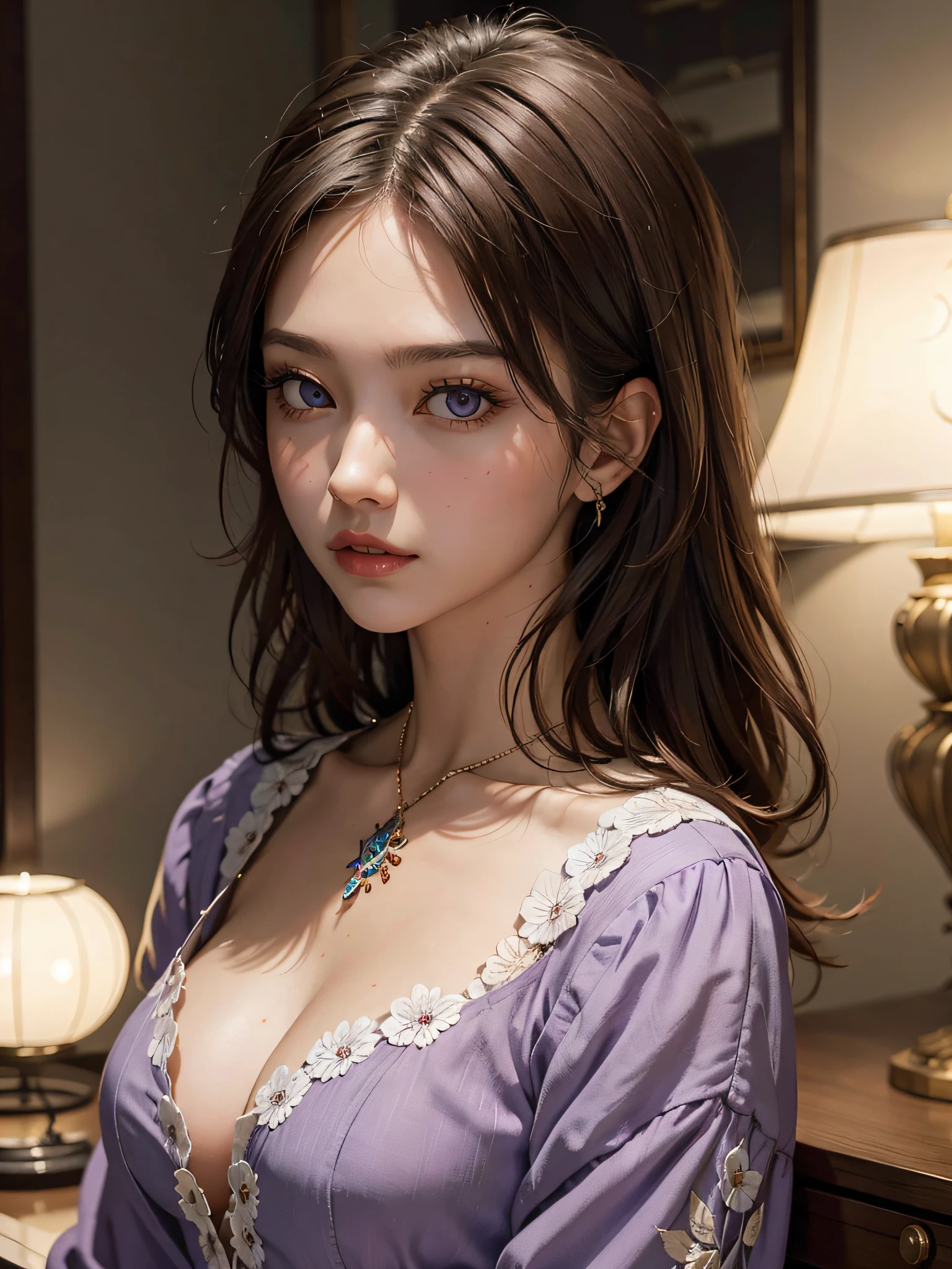 woman（The upper part of the body：1.2 1girl，tmasterpiece，best qualityer，Hyper-detailing，illustratio，Fine and detailed eyes and detailed face）  allure：brunette color hair，Natural makeup，（Purple eye：1.05），Round chest，looking at viewert，Do not leak from the chest，独奏，A MILF，Military Office Background