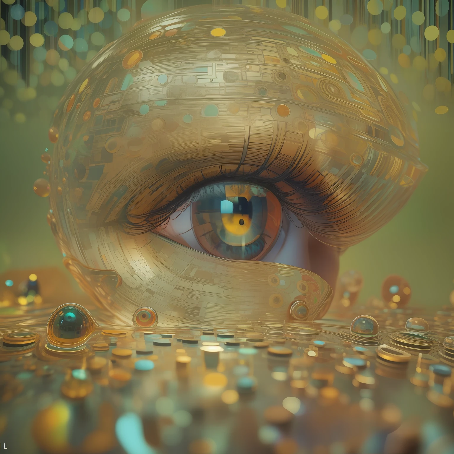 Rosto de uma pessoa com muitas bolhas coloridas. Multicolored psychedelic environment. Obra futuristica, ano de 2100, selfie, 8k, realista, olhos vibrantes, sharp reflections in bubbles