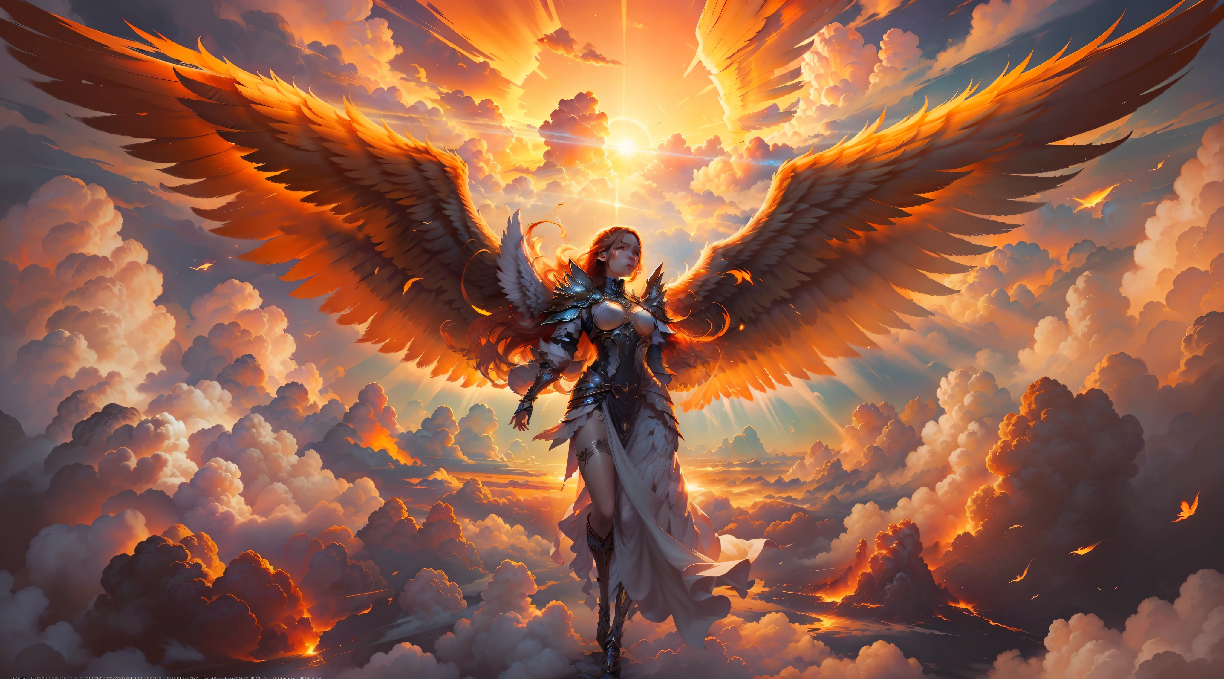 (papel de parede 8k extremamente detalhado), uma pintura realista de um Anjo, with detailed wings amid the clouds of the burning sky, intrincado, alto detalhe, Dramatic