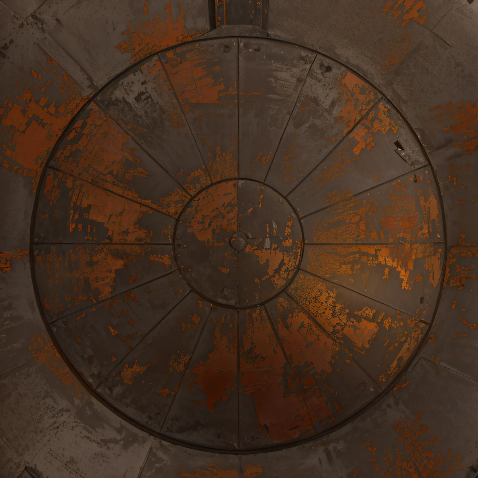 The metal roof of a huge water tower, water tower conical roof, Texture of rusty water tower cover with streaks, Top view of the roof of the water tower,