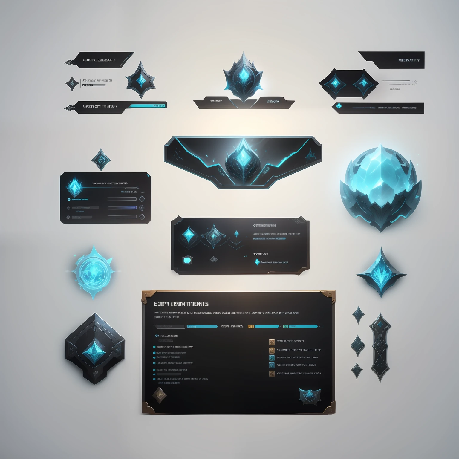 Frontal view of a set of elements of the game interface of a fantasy game on a white background. High-quality study, Simple interface.