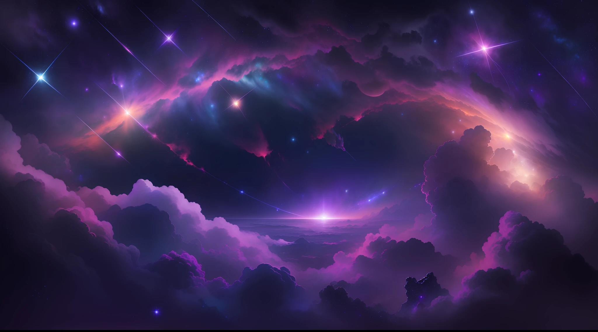 Create a relaxed image, Dark Universe. Scene of serene celestial beauty in the vastness of space, Where distant stars twinkle like guiding lights. Breathtaking nebulae and colorful galaxies inspire amazement and awe. Blending with muted tones and indigo, Deep purple, Eta、Warm shades of the sky to create an atmosphere of peace and tranquility.