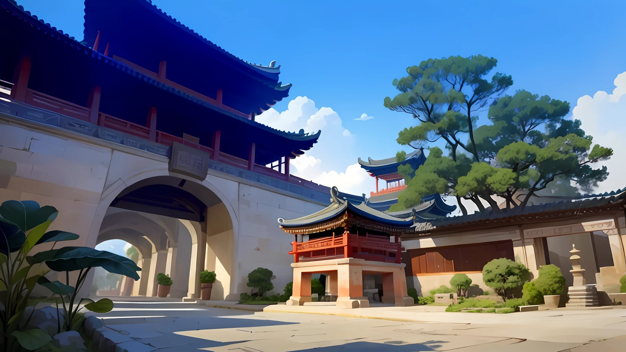 China-style,Ancient architecture,Ancient city walls,Ancient city gates,Flowers and trees