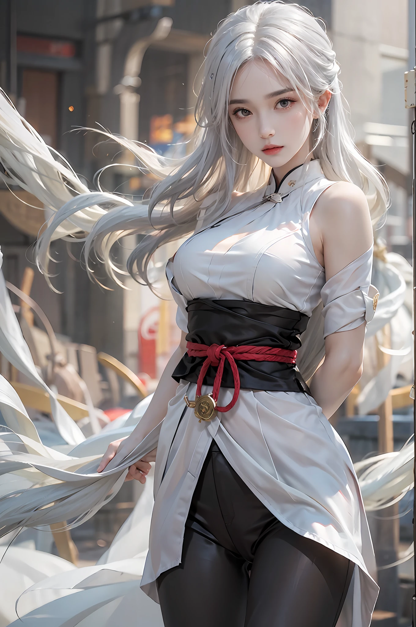 photorealistic, high resolution, 1 women, solo, hips up, look at viewer, (detailed face), white hair, long hair, medium breasts, black kungfu clothes