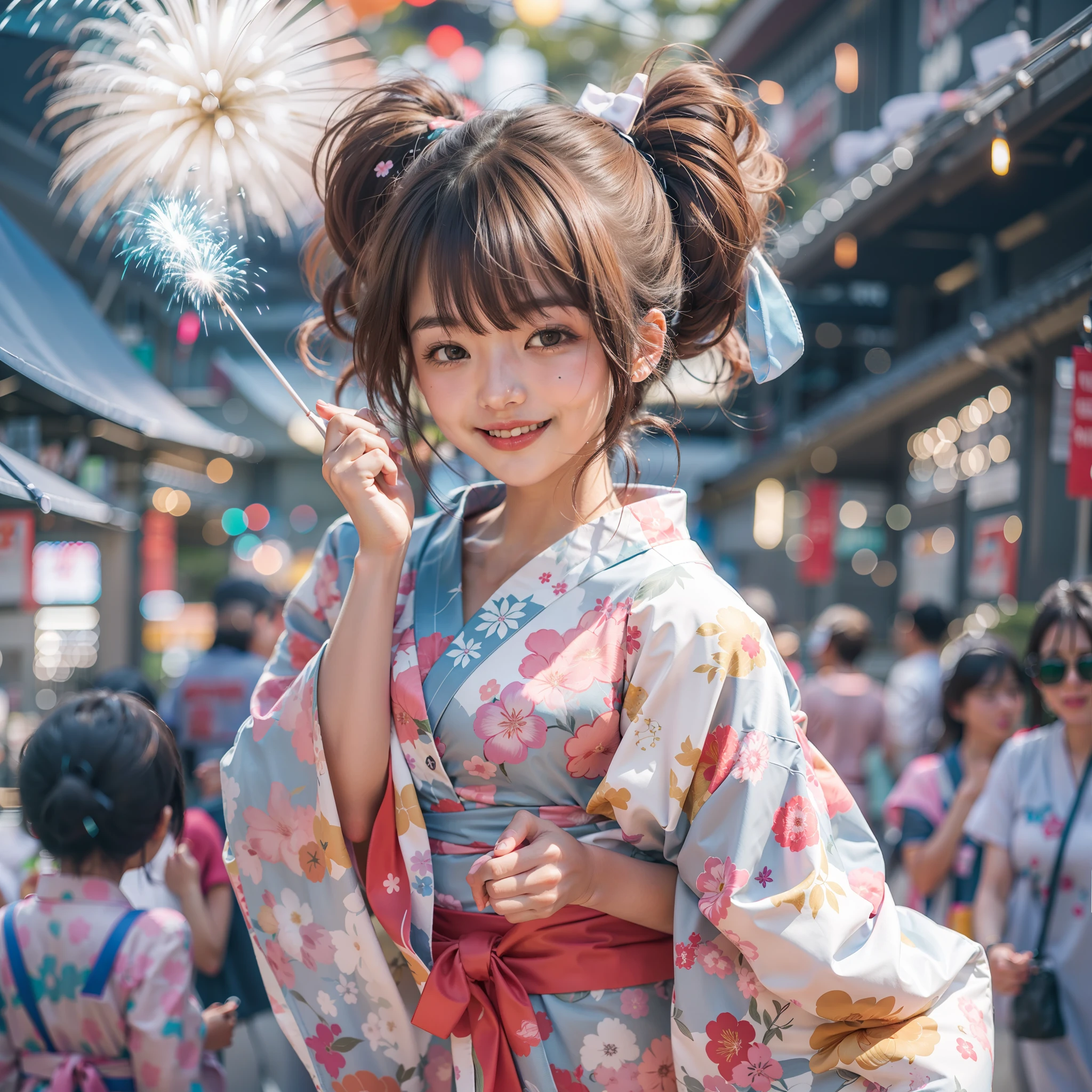 bathrobe,Girl in Yukata,Outstanding smile,Summer Festivals,natta,Store,cotton candy,Big  Fireworks,poneyTail,