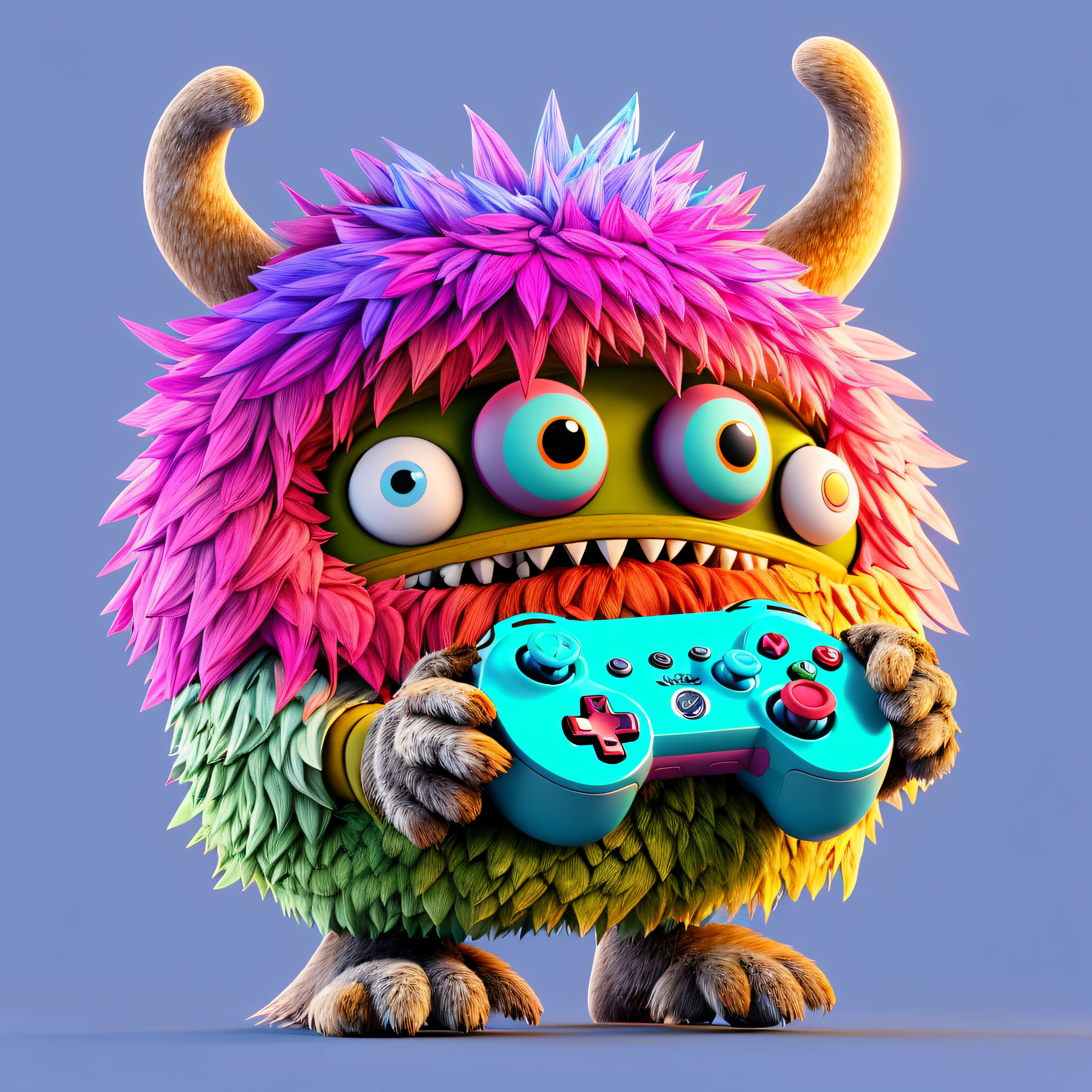 Colorful monster holding a video game controller in his hands, design de personagem monstro bonito, furry friendly monster, Retrato de um monstro bonito, design de personagem monstro, monstro bonito, bonito 3 d render, video game character, videogame render, design de personagens de videogame, criatura dos desenhos animados, personagem do jogo, design de personagens do jogo, painting digital adorable, personagem de videogame, 3D video game rendering