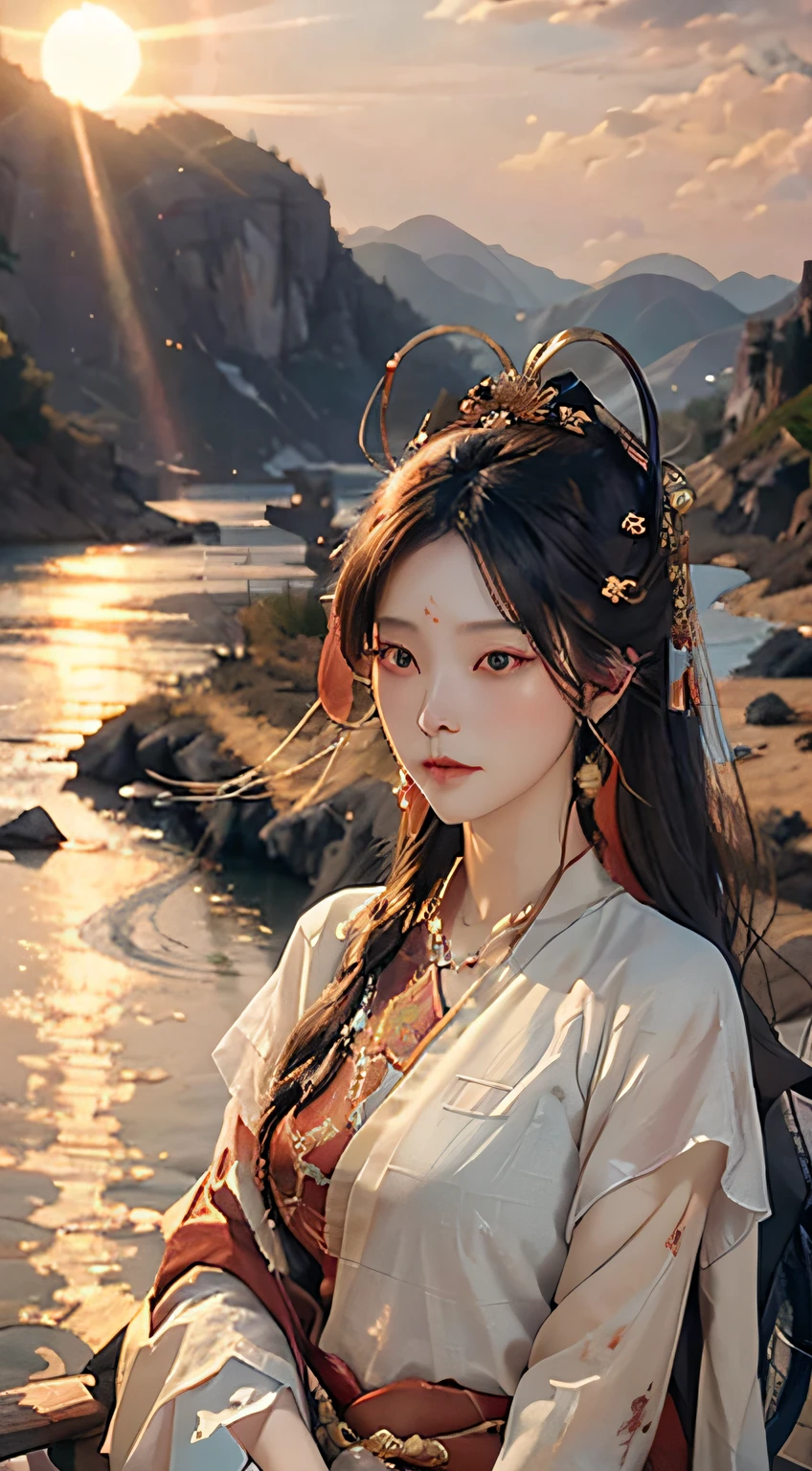 NSFW,(RAW photos,best qualtiy),(realisticlying,photograph realistic:1.3),best qualtiy,highly detailed,tmasterpiece,ultra - detailed,illustratio,1womanl,Facing the river,dynamic angle,Masterpiece Theatre of the World,best qualtiy,the Extremely Detailed CG Unity 8K Wallpapers,cinmatic lighting,lens_flare,primitive,s the perfect face,delicated face,eye detailed,Milky skin,Dusk background(Red sunset,1.5),(Ancient Chinese woman,1.5),Gentle and mature,Draped with hair,(stands aside the river,1.5),(Original clothes,1.5),(Loose hair,1.5),(The background is empty,1.5),The upper part of the body, (Ancient Chinese mythology,1.5),a warm color palette,sunflare,soft shade,vivd colour,painterly effect,Fantastical Atmosphere,Scenic lake,mountains in the distant,willowy,Calm water,inverted image,Sun-drenched clouds,tranquil ambiance,Idyllic sunsets,
