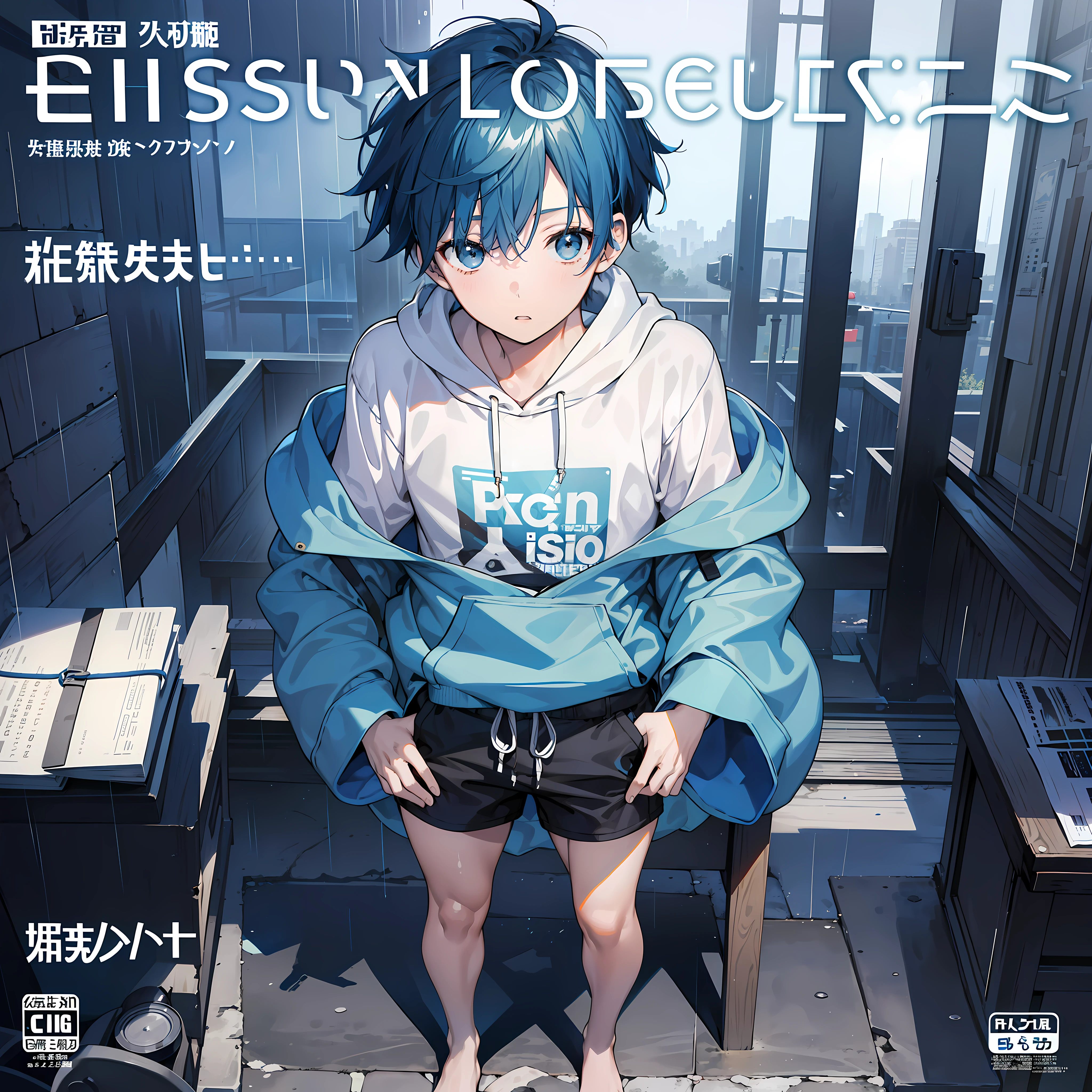 masterpiece, best quality, full body, (1boy), (blue hoodie), (Boy Messy Japanese Round Haircut for Thick Hair), (blue hair), black shorts, (solo), (magazine:1.3), (cover-style:1.3), fashionable, rain